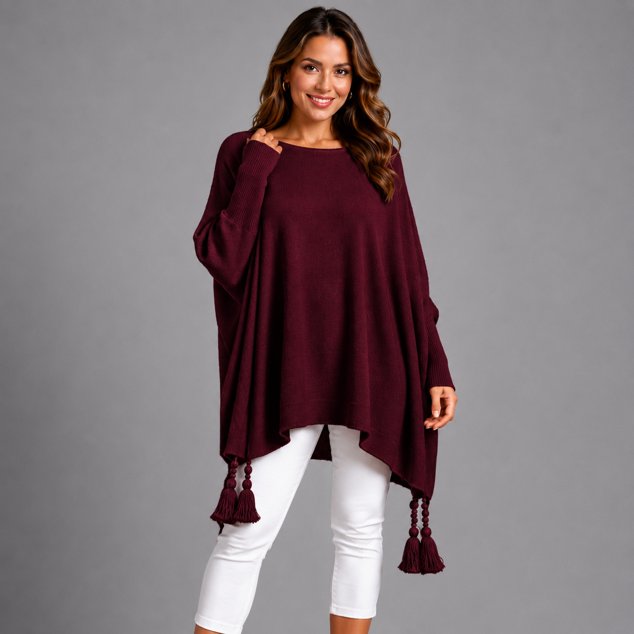 Slash Neck Oversized Jumper with Tassel Detail