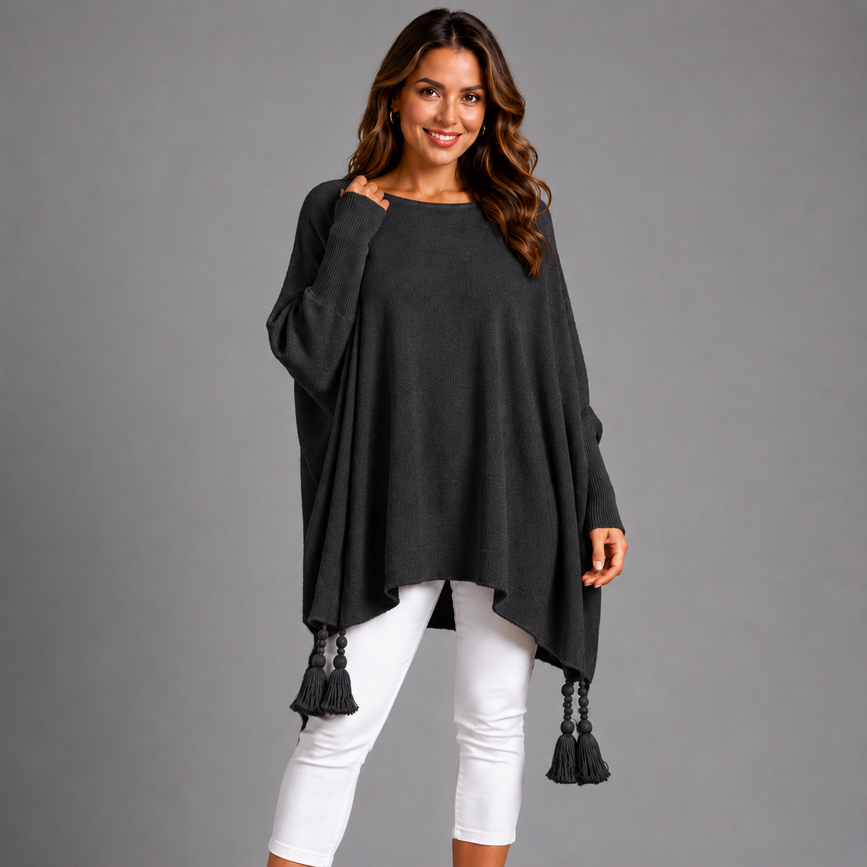 Slash Neck Oversized Jumper with Tassel Detail