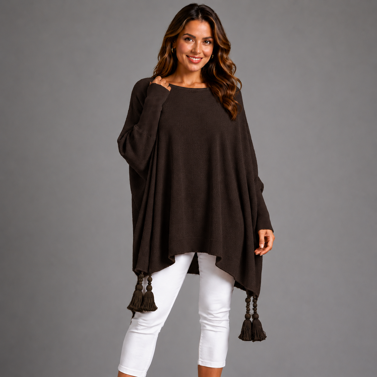 Slash Neck Oversized Jumper with Tassel Detail