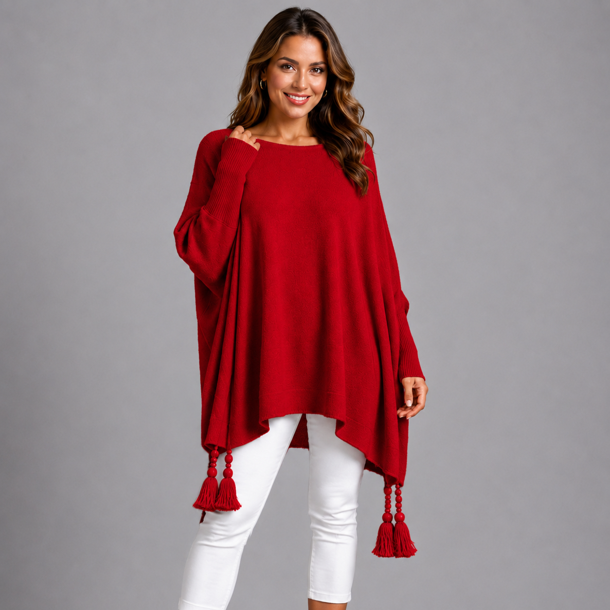 Slash Neck Oversized Jumper with Tassel Detail