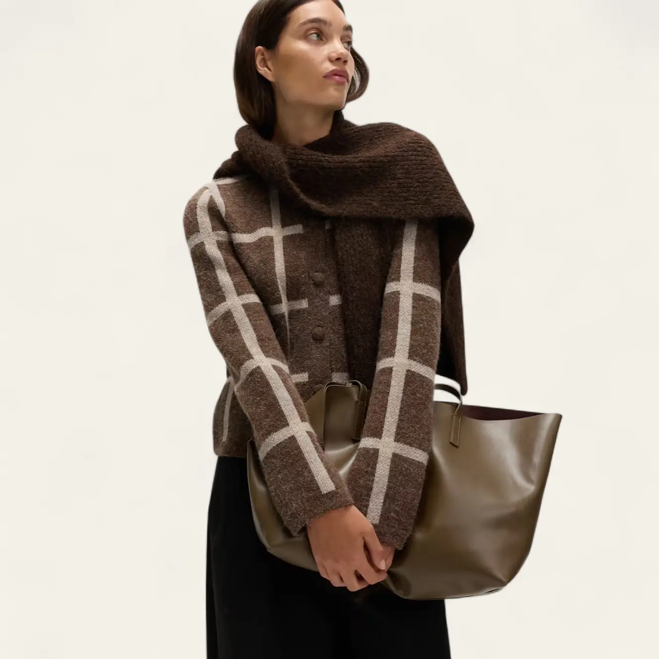 Checked Crew Neck Cardigan With Wool