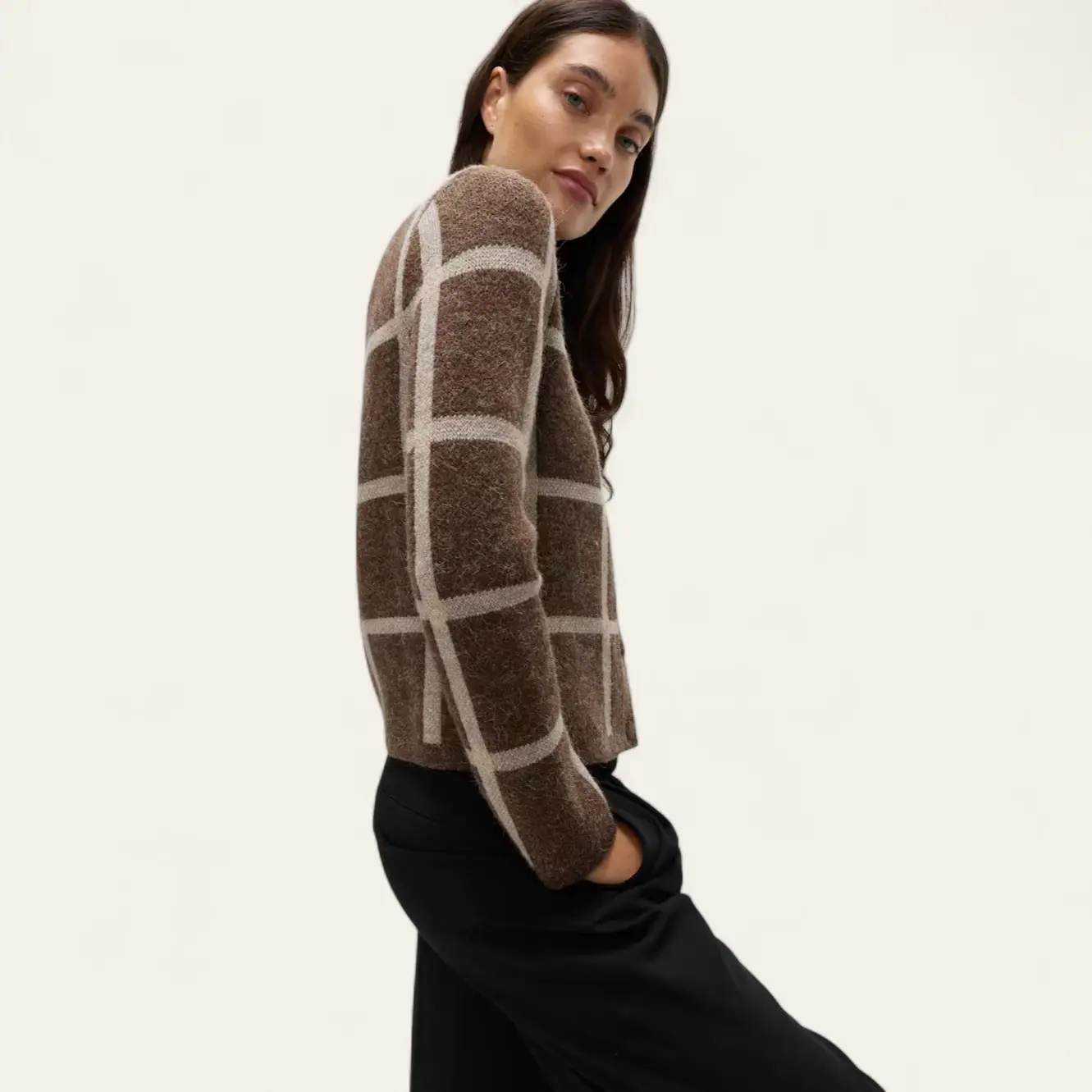 Checked Crew Neck Cardigan With Wool
