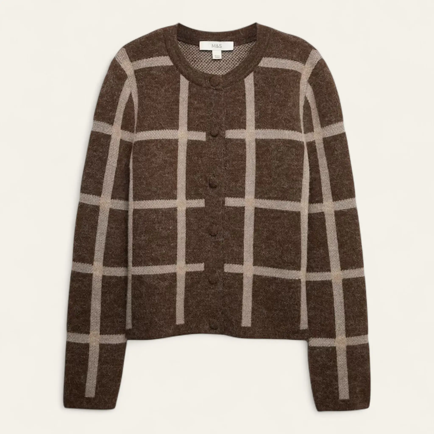 Checked Crew Neck Cardigan With Wool