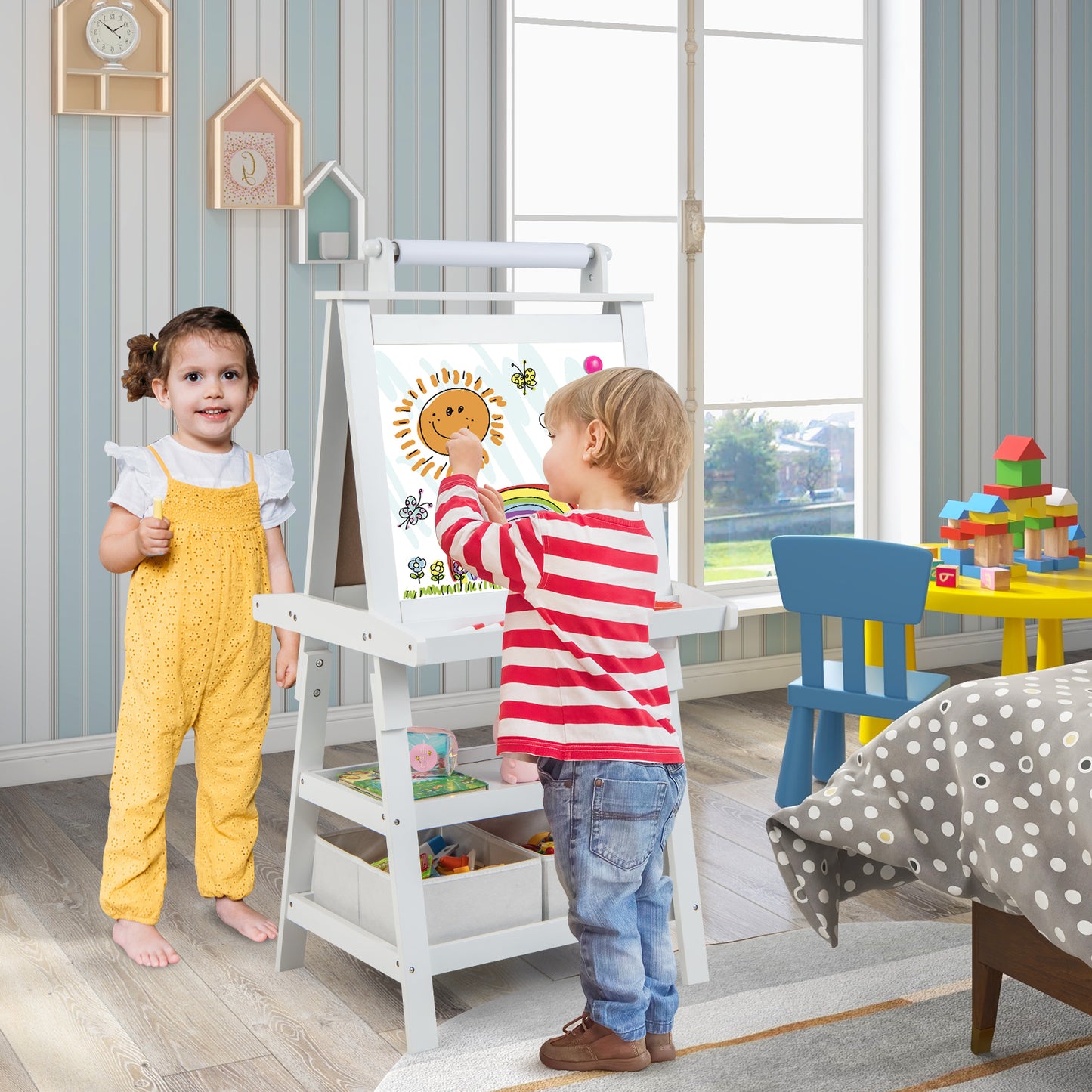 Children's Double-Sided Art Easel with Paper Roll-Blue