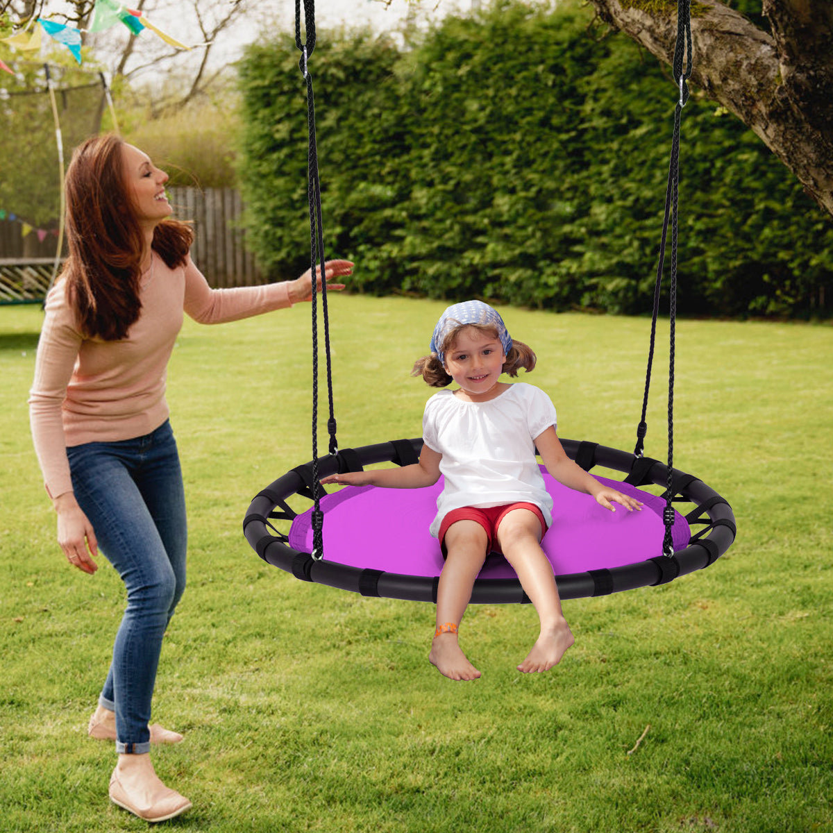 Kids Round Tree Swing with Adjustable Ropes and Hook Rings-Orange