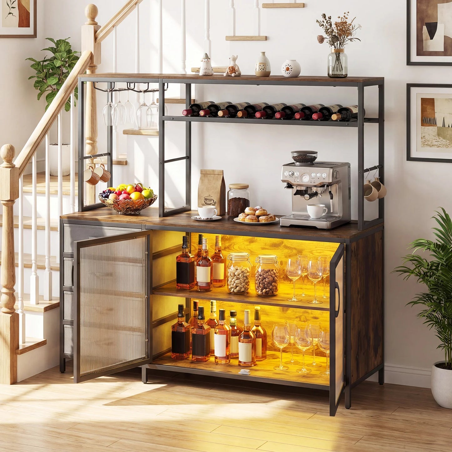 Coffee Bar Cabinet with LED Lights Charging Station-Rustic Brown