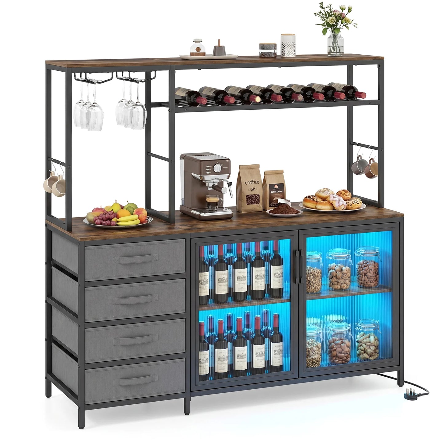 Coffee Bar Cabinet with LED Lights Charging Station-Rustic Brown