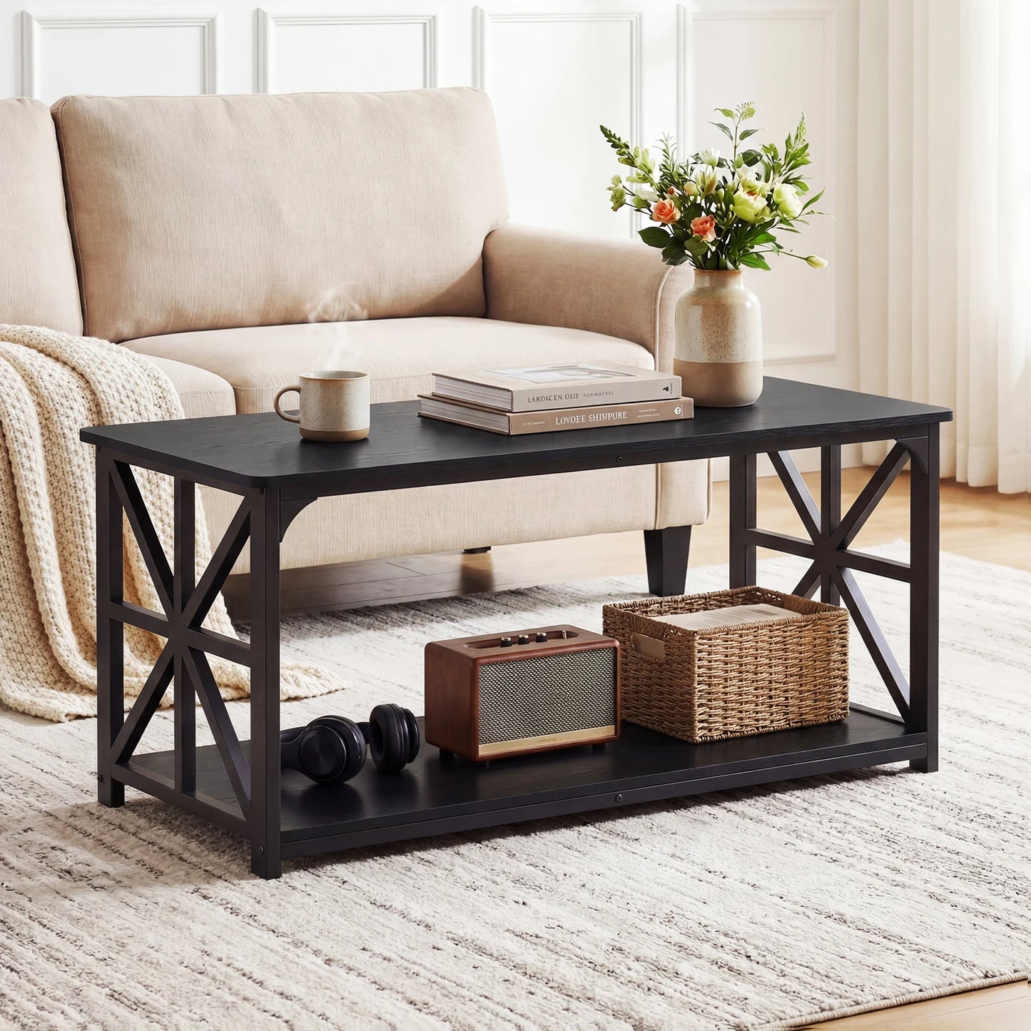 Coffee Table Industrial Farmhouse Accent Table with Open Storage Shelf-Black