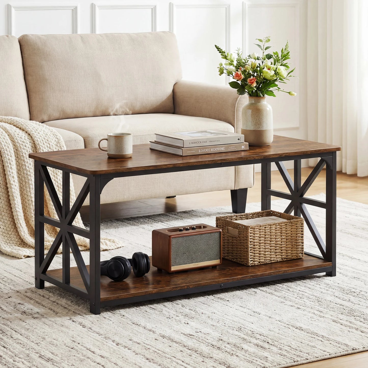 Coffee Table Industrial Farmhouse Accent Table with Open Storage Shelf-Black