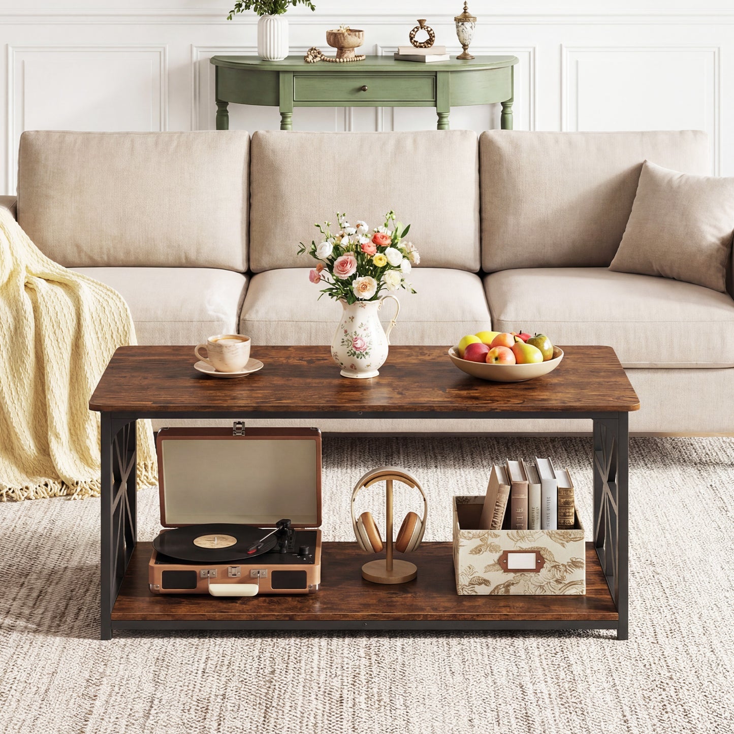 Coffee Table Industrial Farmhouse Accent Table with Open Storage Shelf-Black