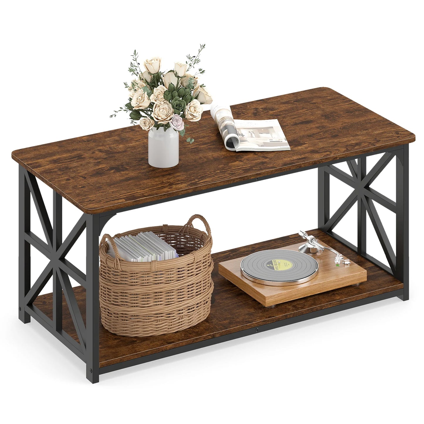 Coffee Table Industrial Farmhouse Accent Table with Open Storage Shelf-Black