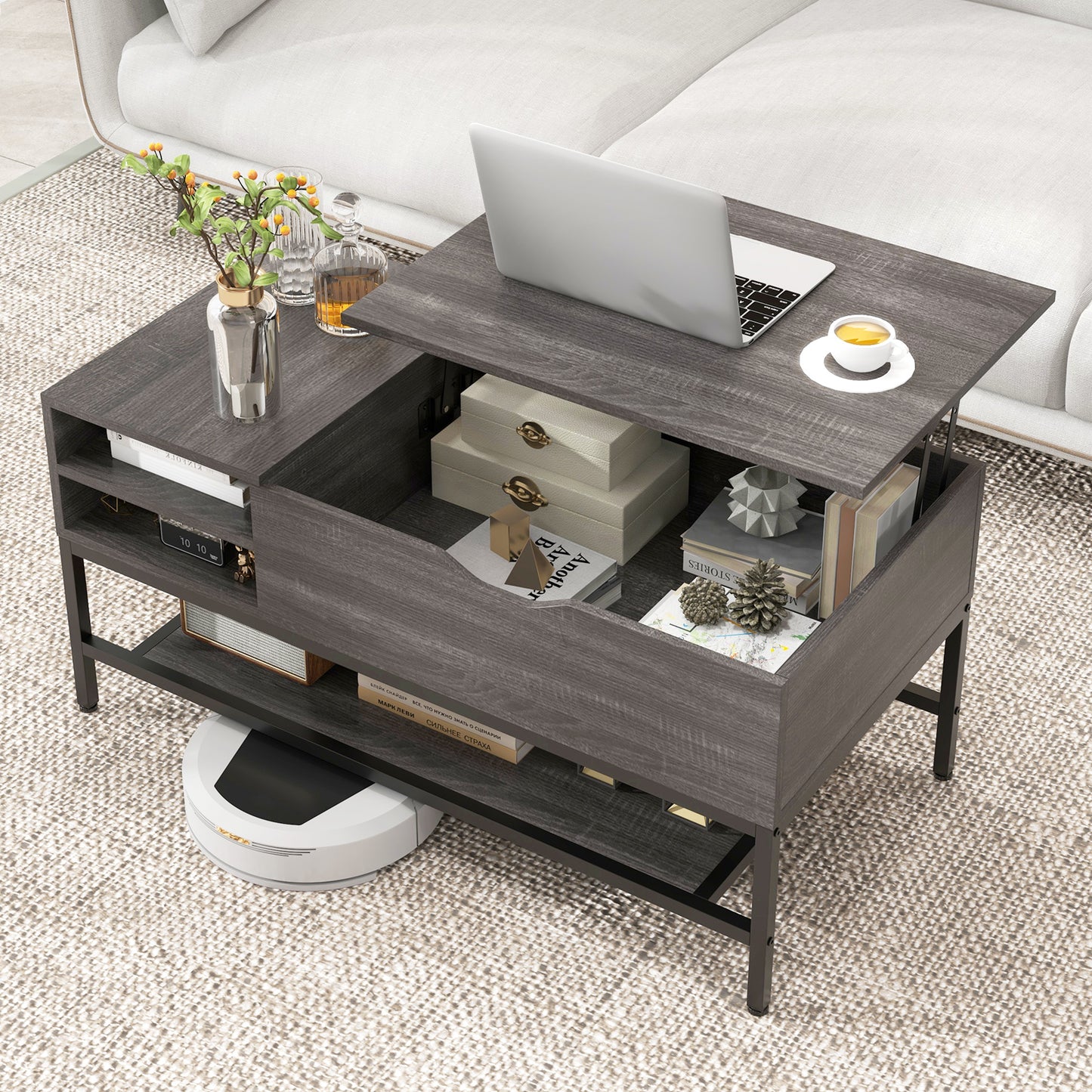 Lift Top Coffee Table with Hidden Compartment and Removable Shelf-Grey