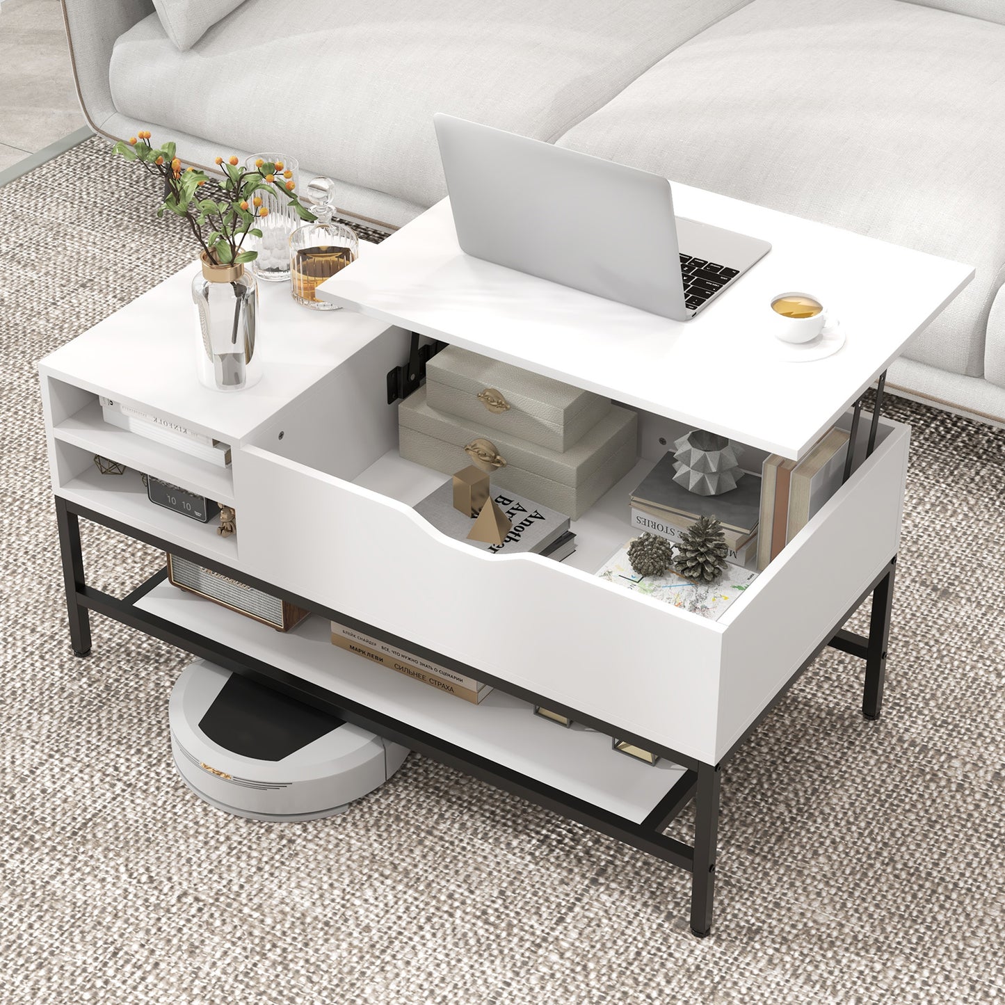Lift Top Coffee Table with Hidden Compartment and Removable Shelf-Grey