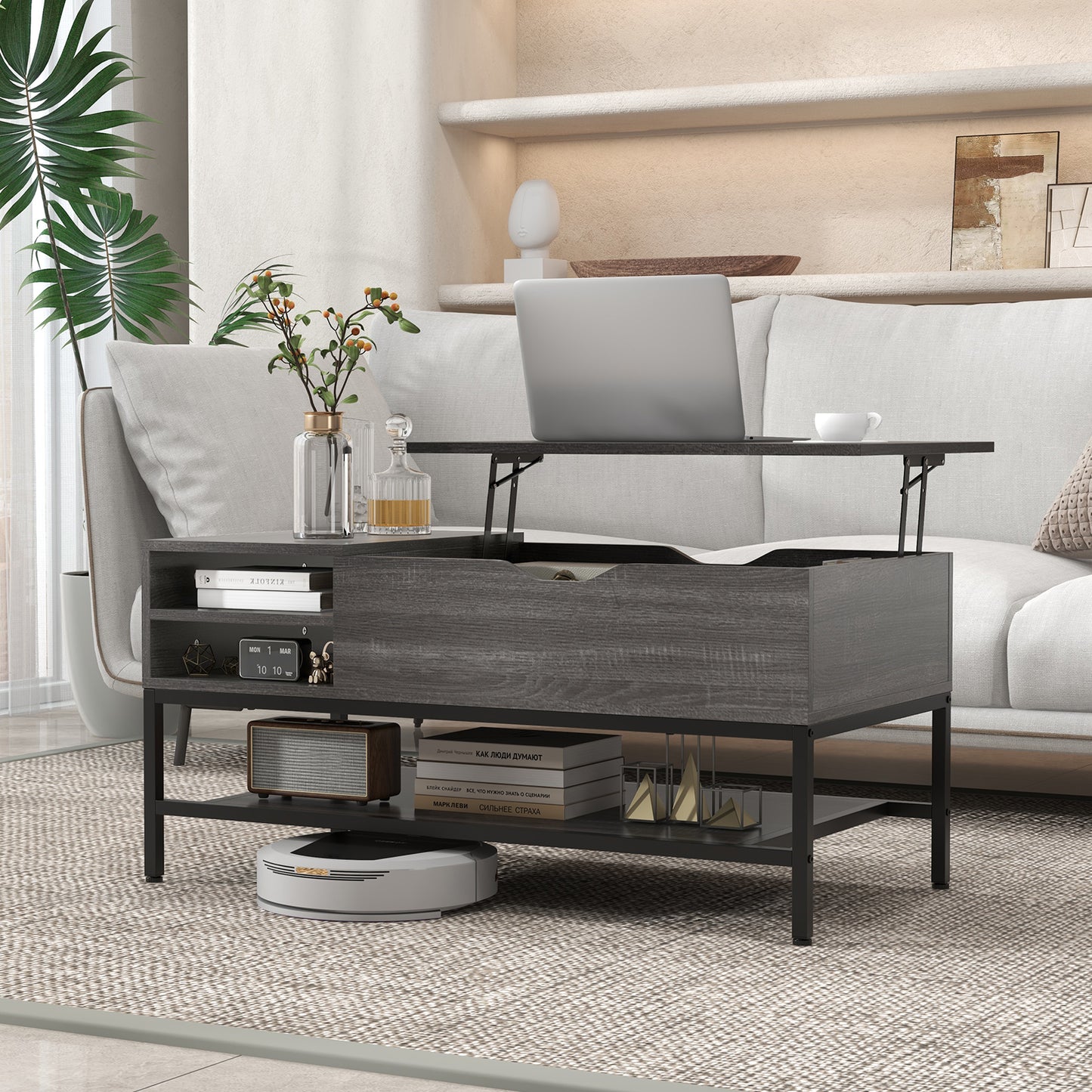 Lift Top Coffee Table with Hidden Compartment and Removable Shelf-Grey