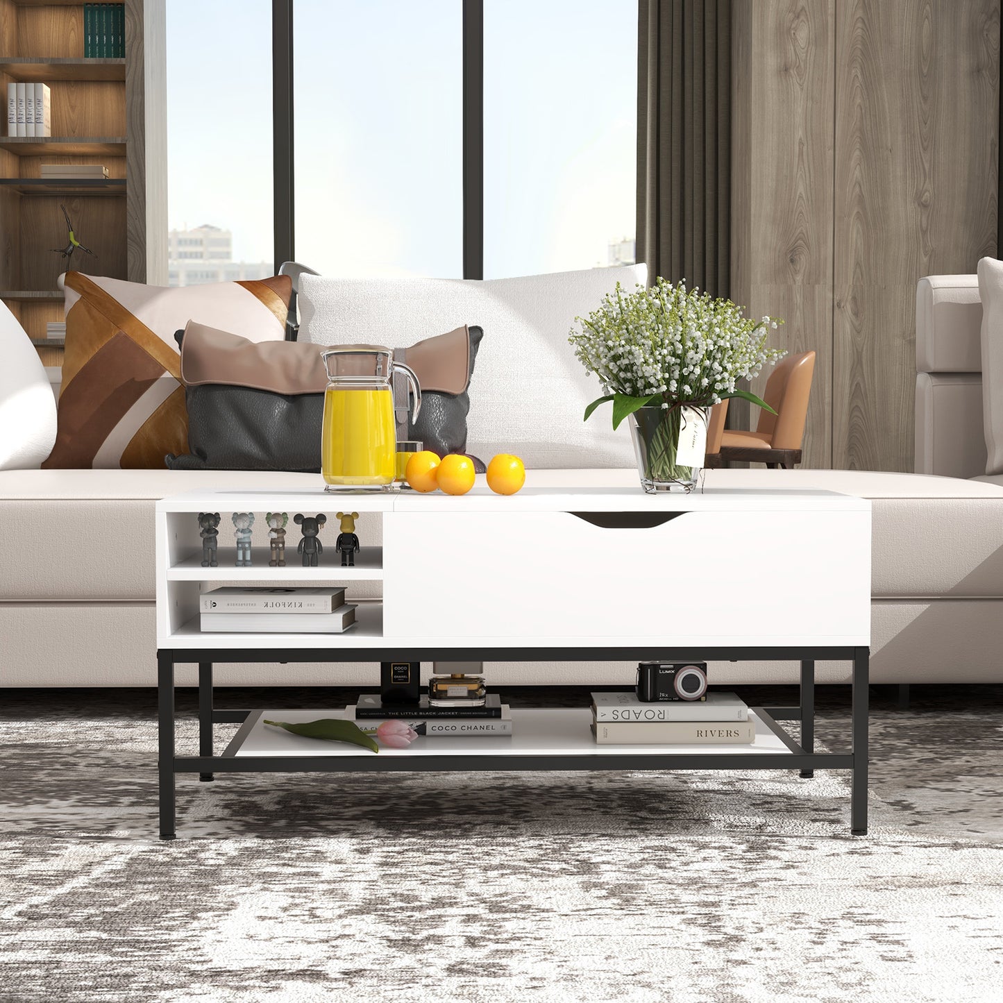 Lift Top Coffee Table with Hidden Compartment and Removable Shelf-Grey