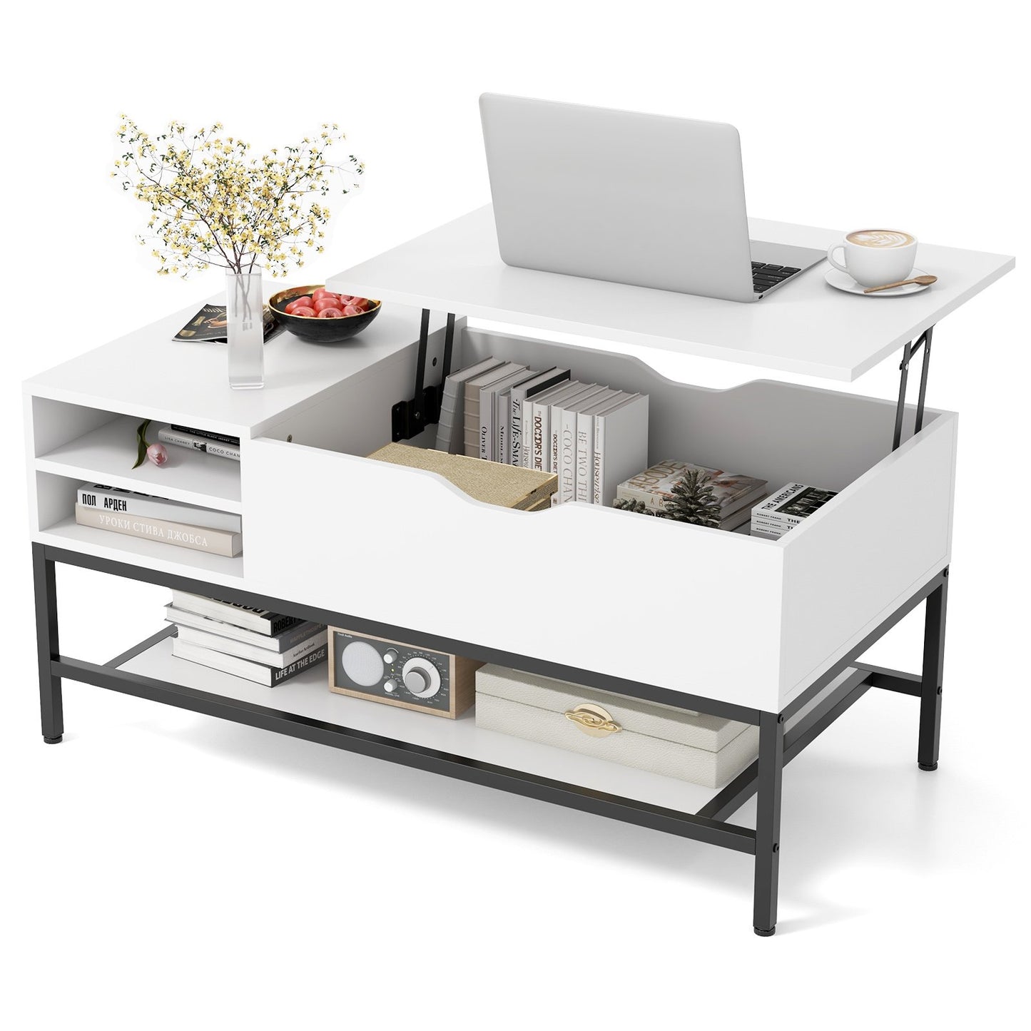 Lift Top Coffee Table with Hidden Compartment and Removable Shelf-Grey