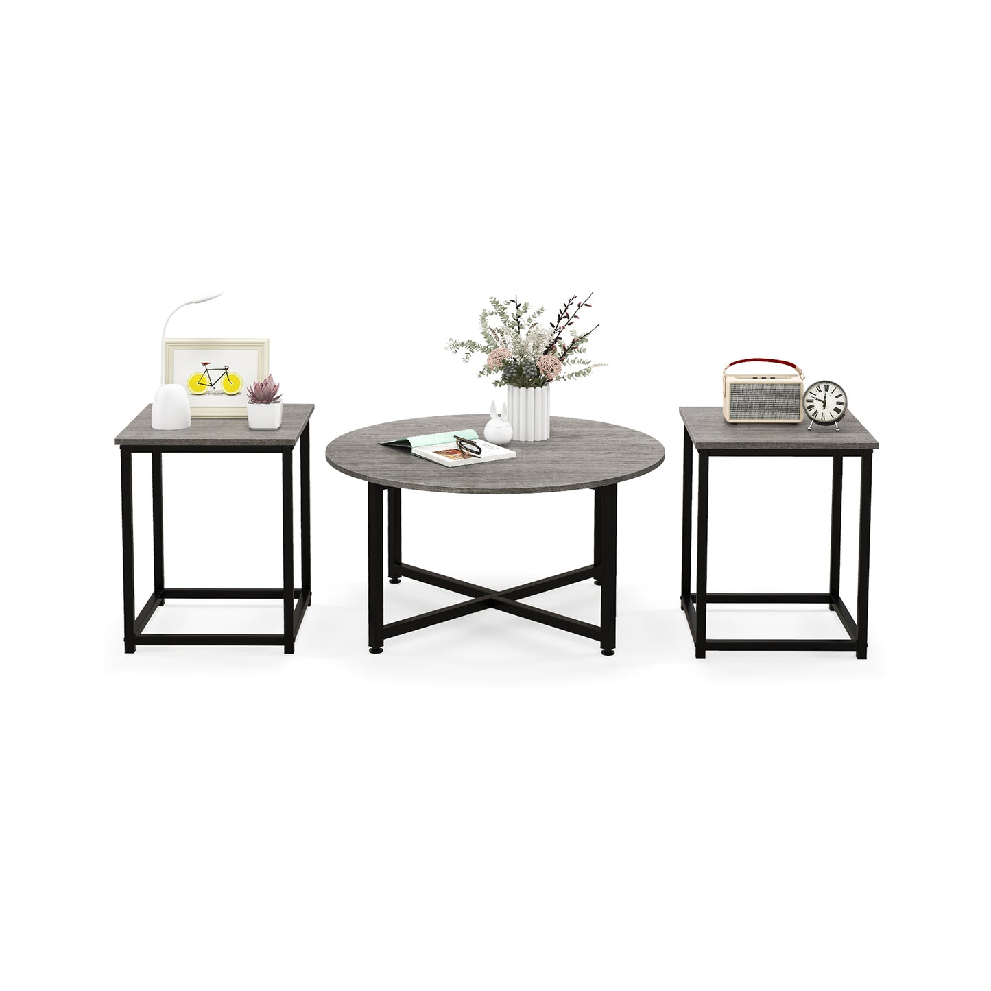 3-Piece Coffee Table Set with Heavy-duty Metal Frame-Walnut