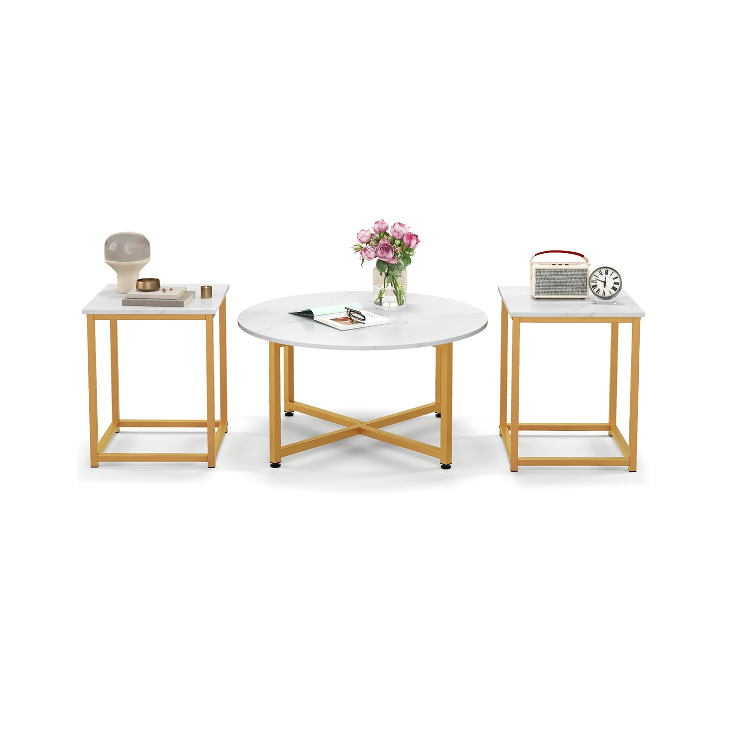 3-Piece Coffee Table Set with Heavy-duty Metal Frame-Walnut