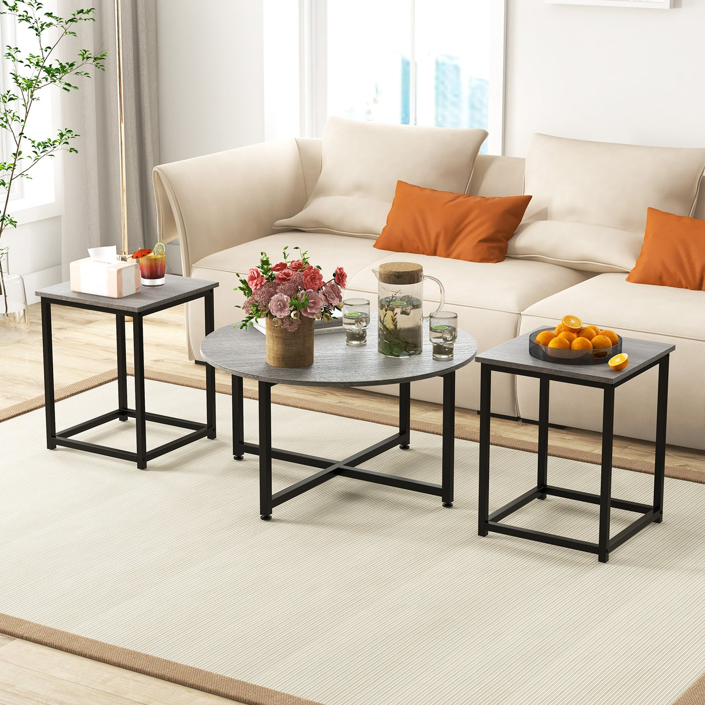 3-Piece Coffee Table Set with Heavy-duty Metal Frame-Walnut