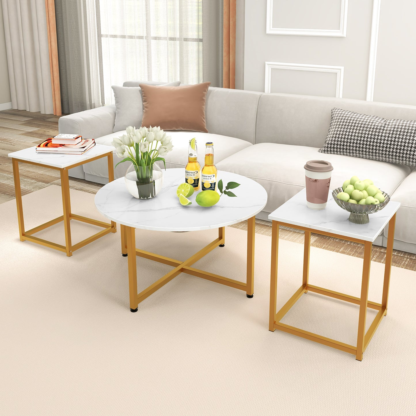 3-Piece Coffee Table Set with Heavy-duty Metal Frame-Walnut