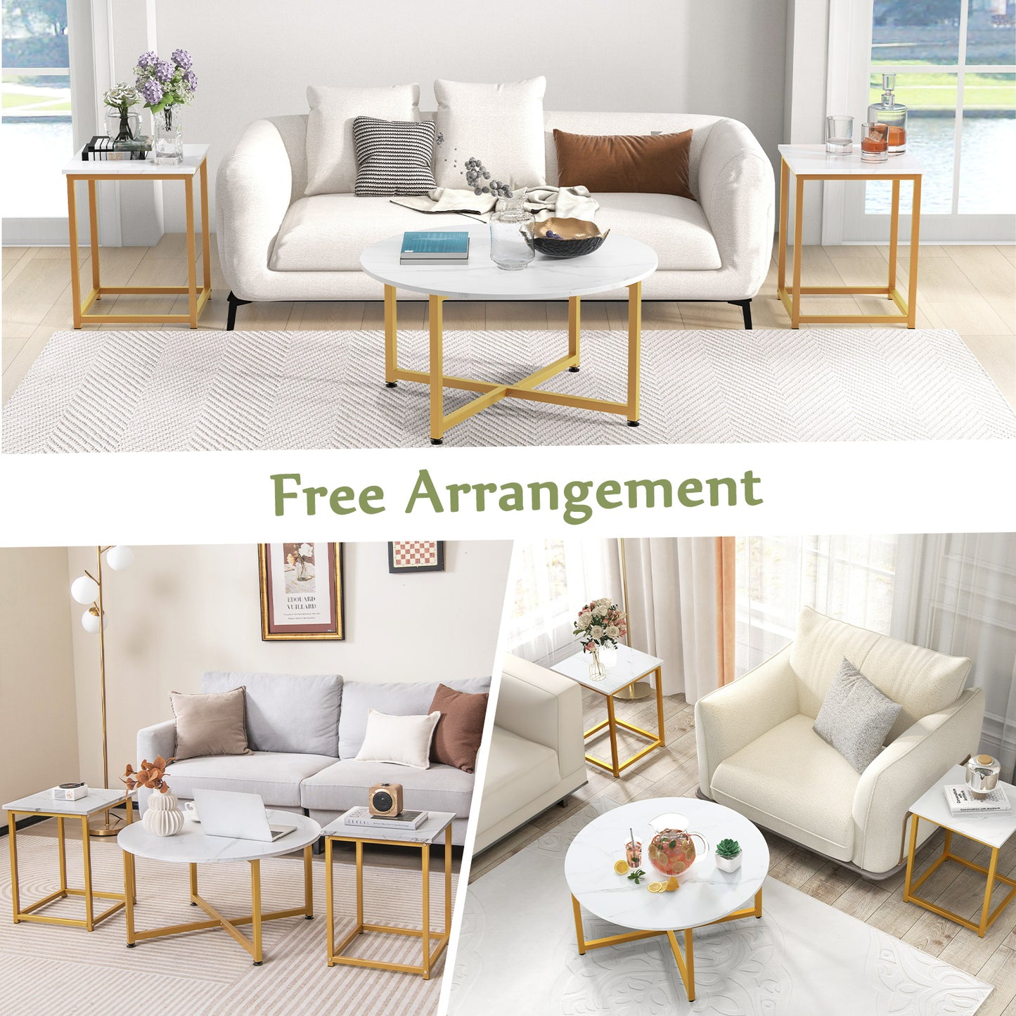3-Piece Coffee Table Set with Heavy-duty Metal Frame-Walnut