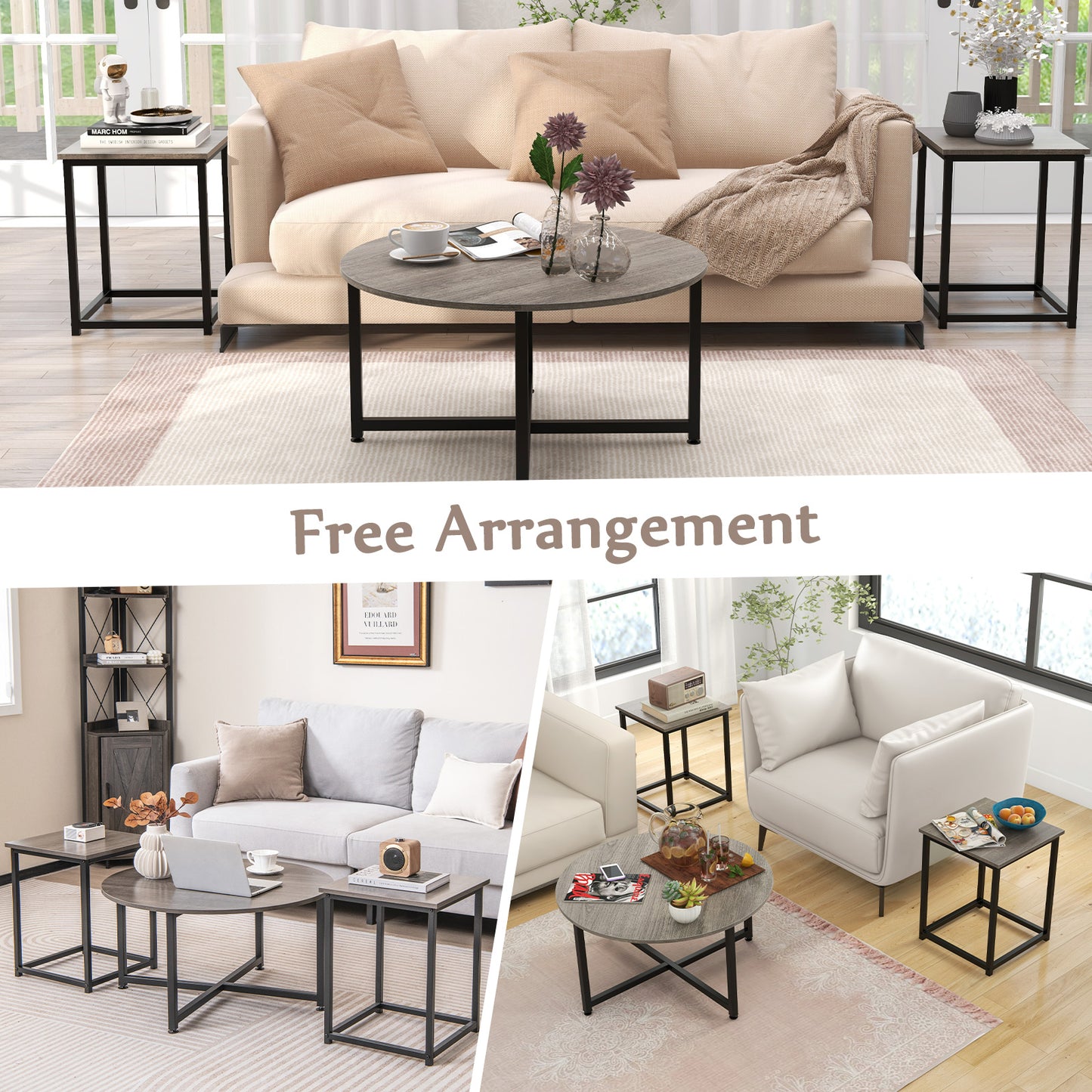3-Piece Coffee Table Set with Heavy-duty Metal Frame-Walnut