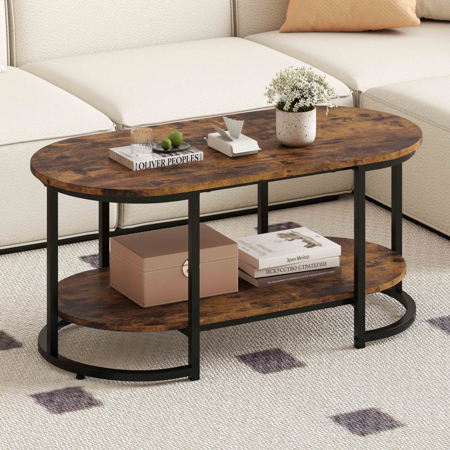 Marble Coffee Table with Open Storage Shelf-Black