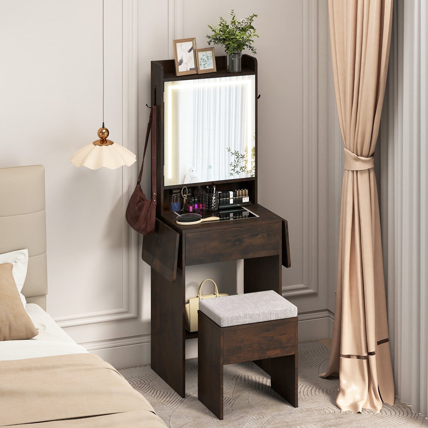 Compact Makeup Dressing Table with Visible Glass Top and Power Outlets-Black