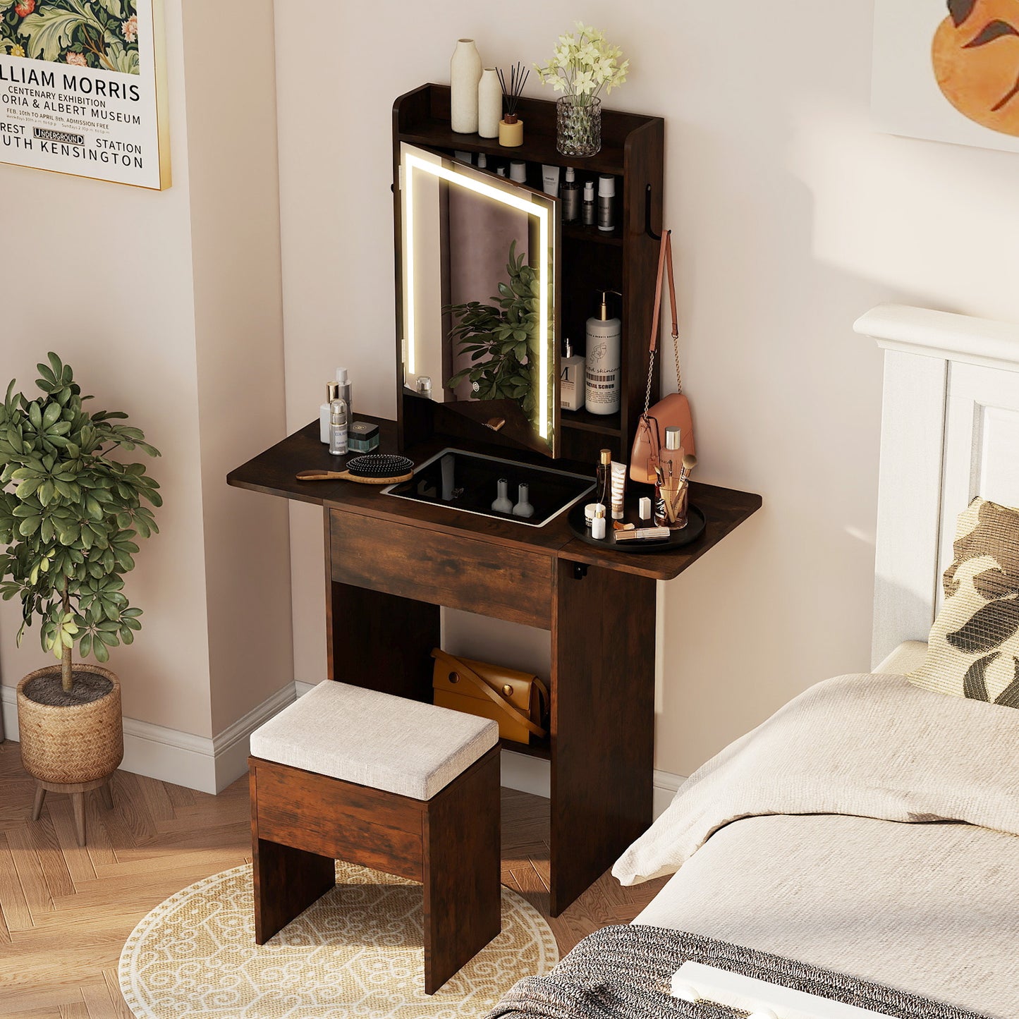 Compact Makeup Dressing Table with Visible Glass Top and Power Outlets-Black