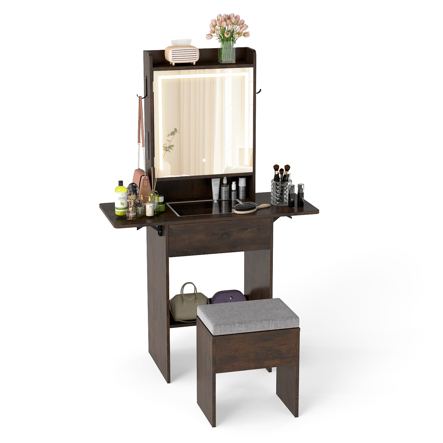 Compact Makeup Dressing Table with Visible Glass Top and Power Outlets-Black