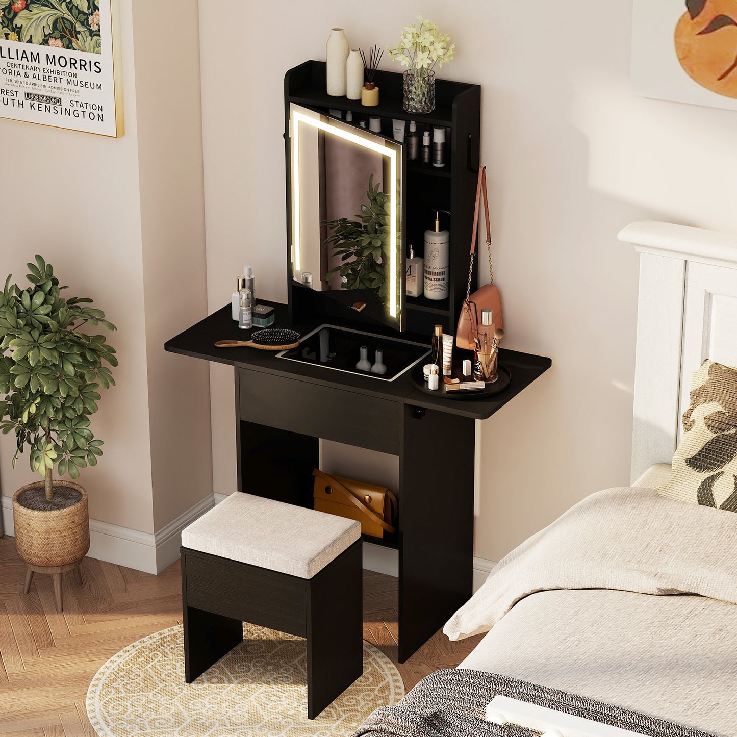 Compact Makeup Dressing Table with Visible Glass Top and Power Outlets-Black