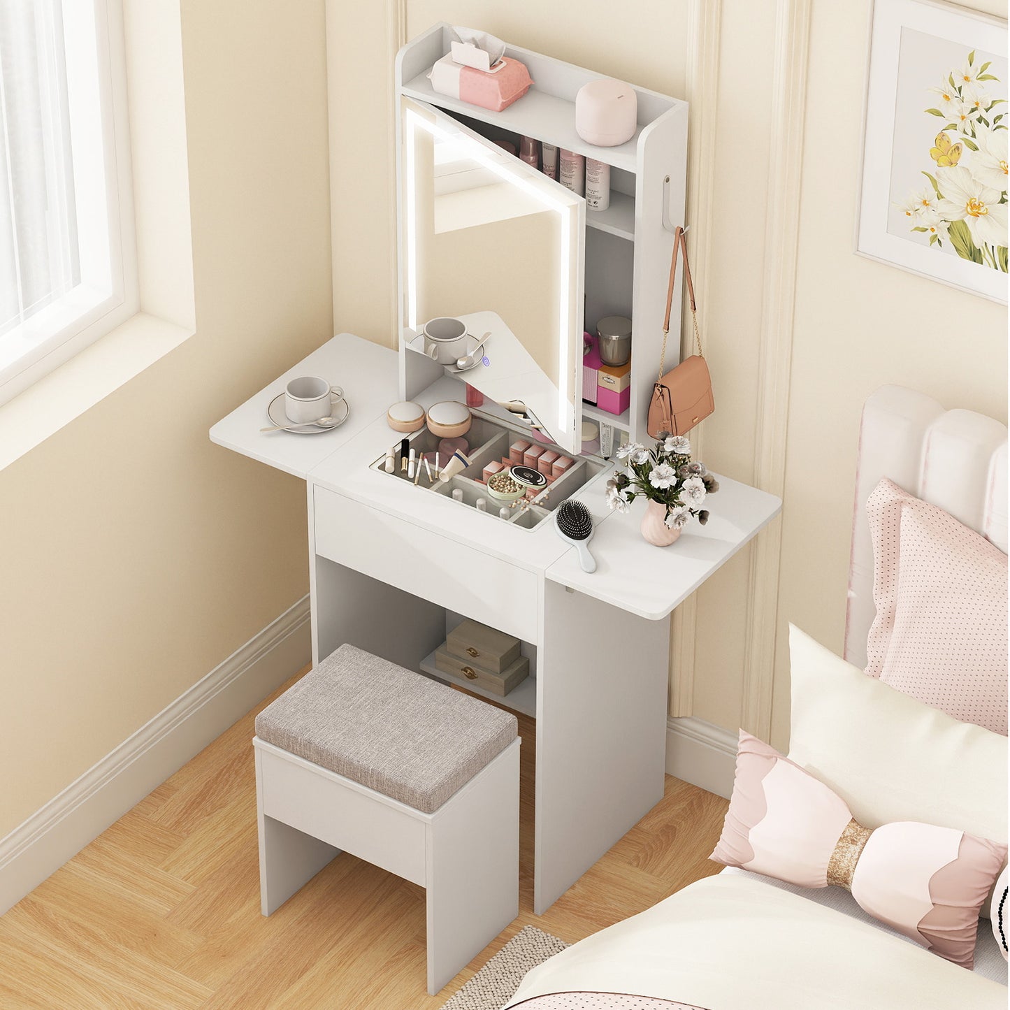 Compact Makeup Dressing Table with Visible Glass Top and Power Outlets-Black