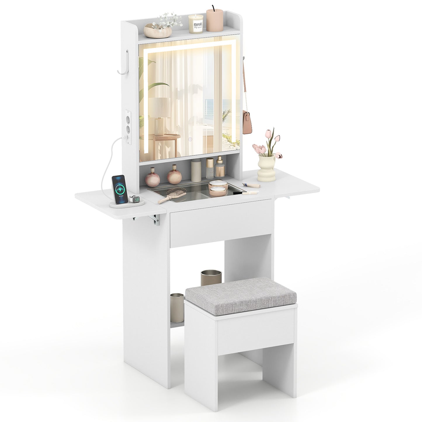 Compact Makeup Dressing Table with Visible Glass Top and Power Outlets-Black