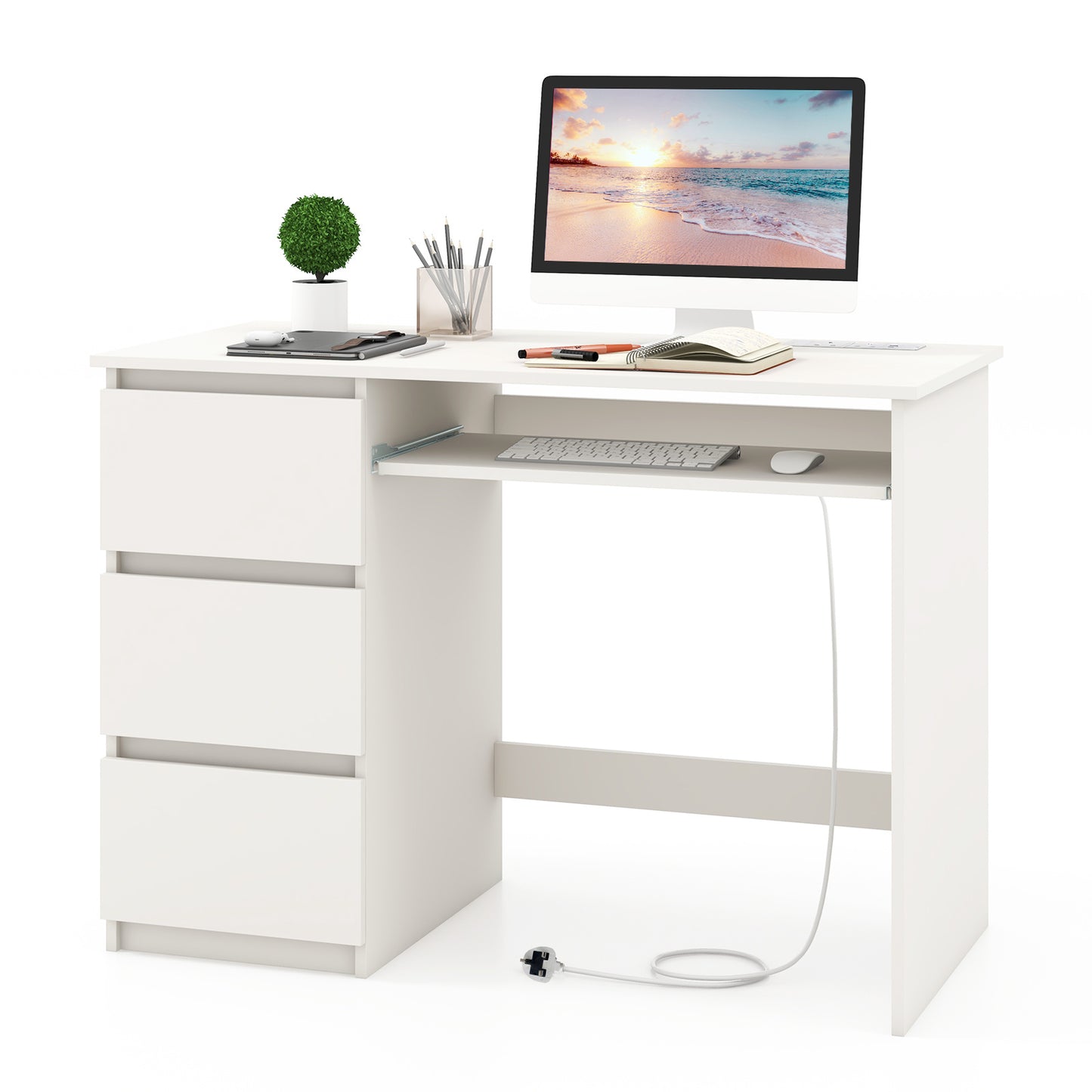 Computer Desk with Power Outlet and 3 Large Drawers-Natural