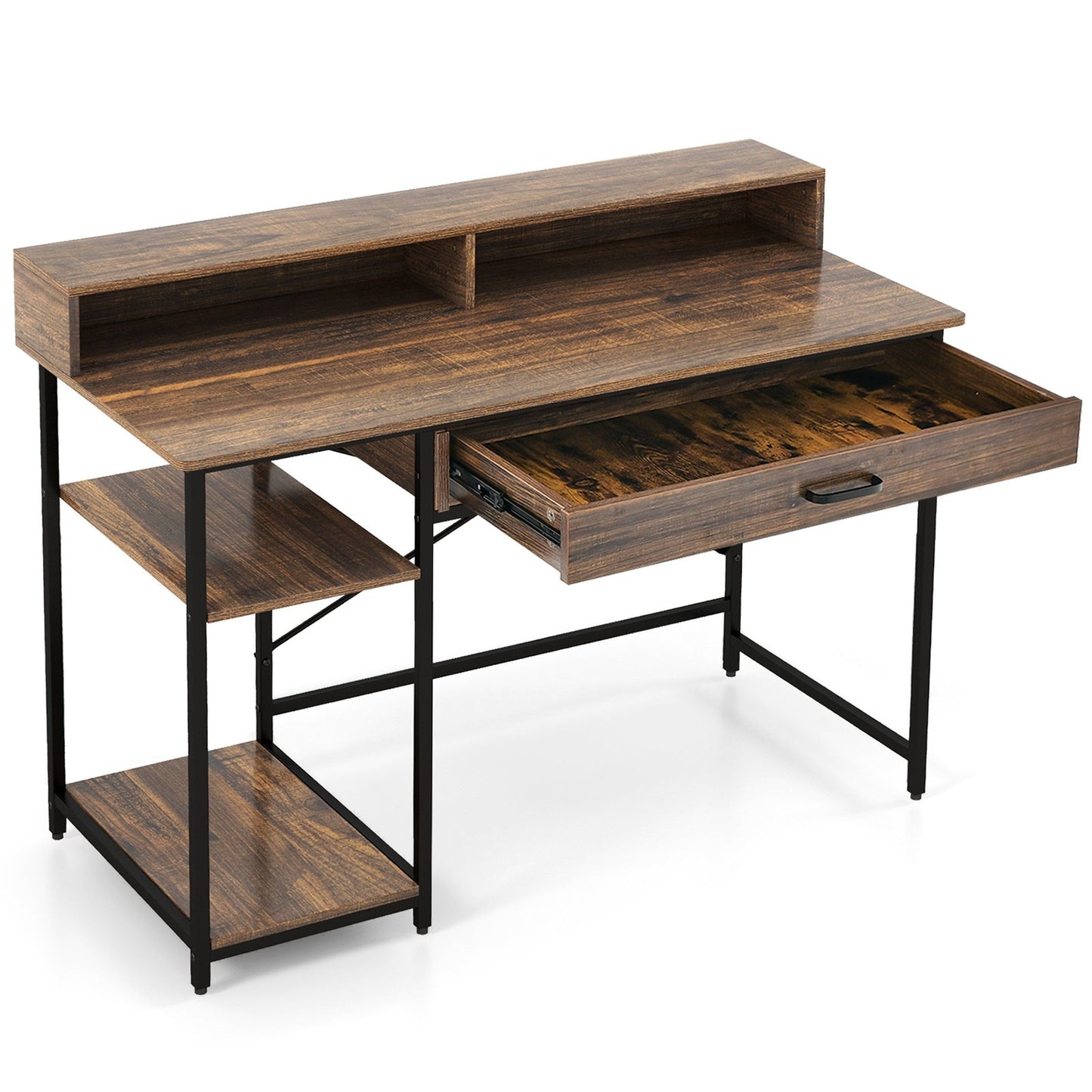Computer Desk Workstation with Monitor Stand and Drawer-Rustic Brown