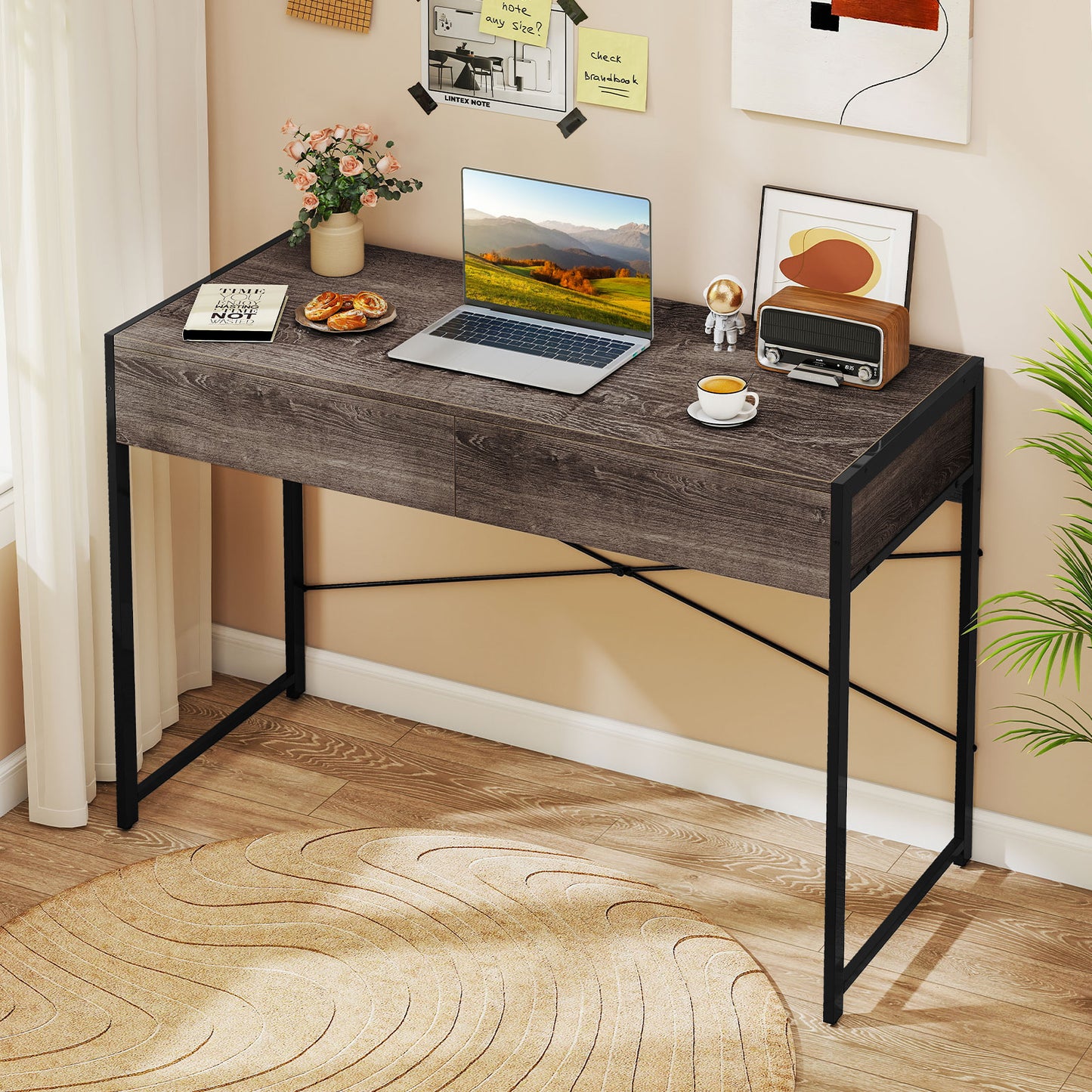 Computer Desk with 2 Drawers Vanity Table with Heavy-Duty Metal Frame-Rustic Brown
