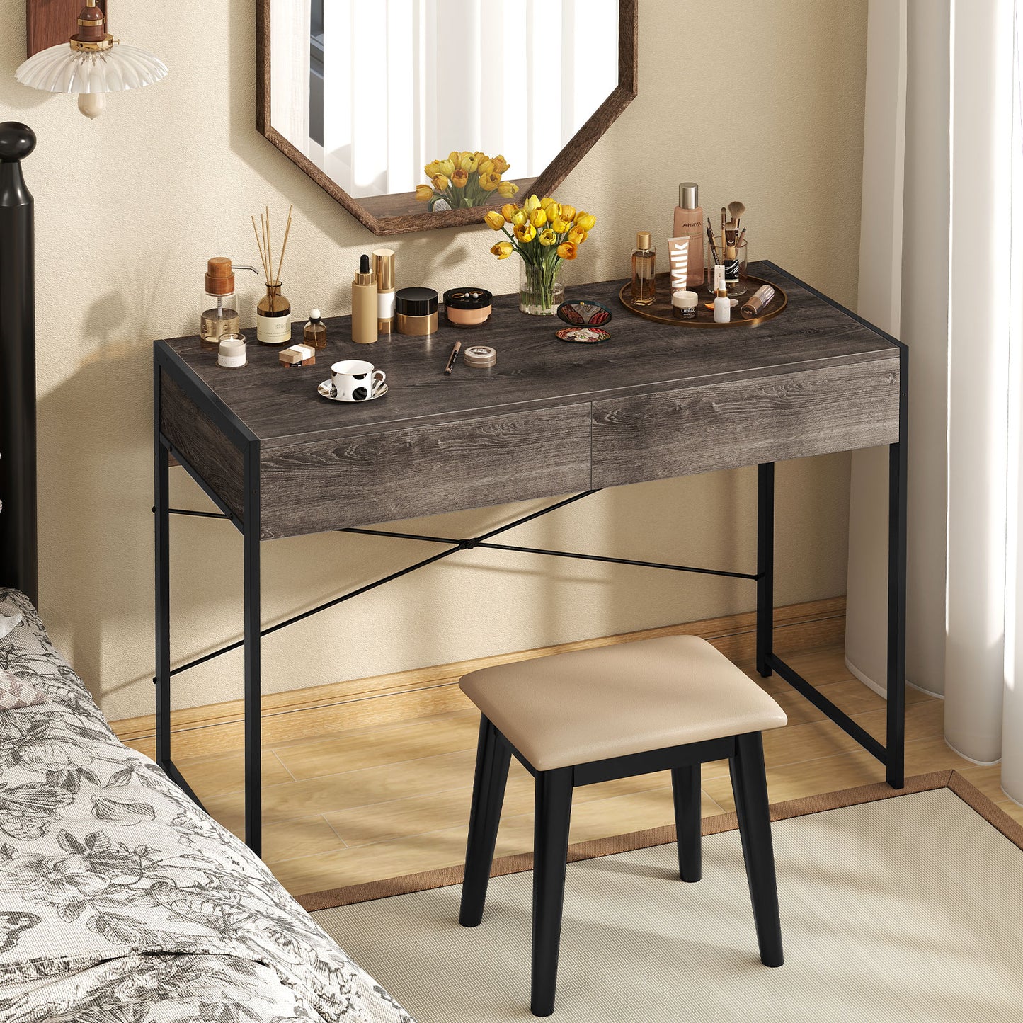 Computer Desk with 2 Drawers Vanity Table with Heavy-Duty Metal Frame-Rustic Brown