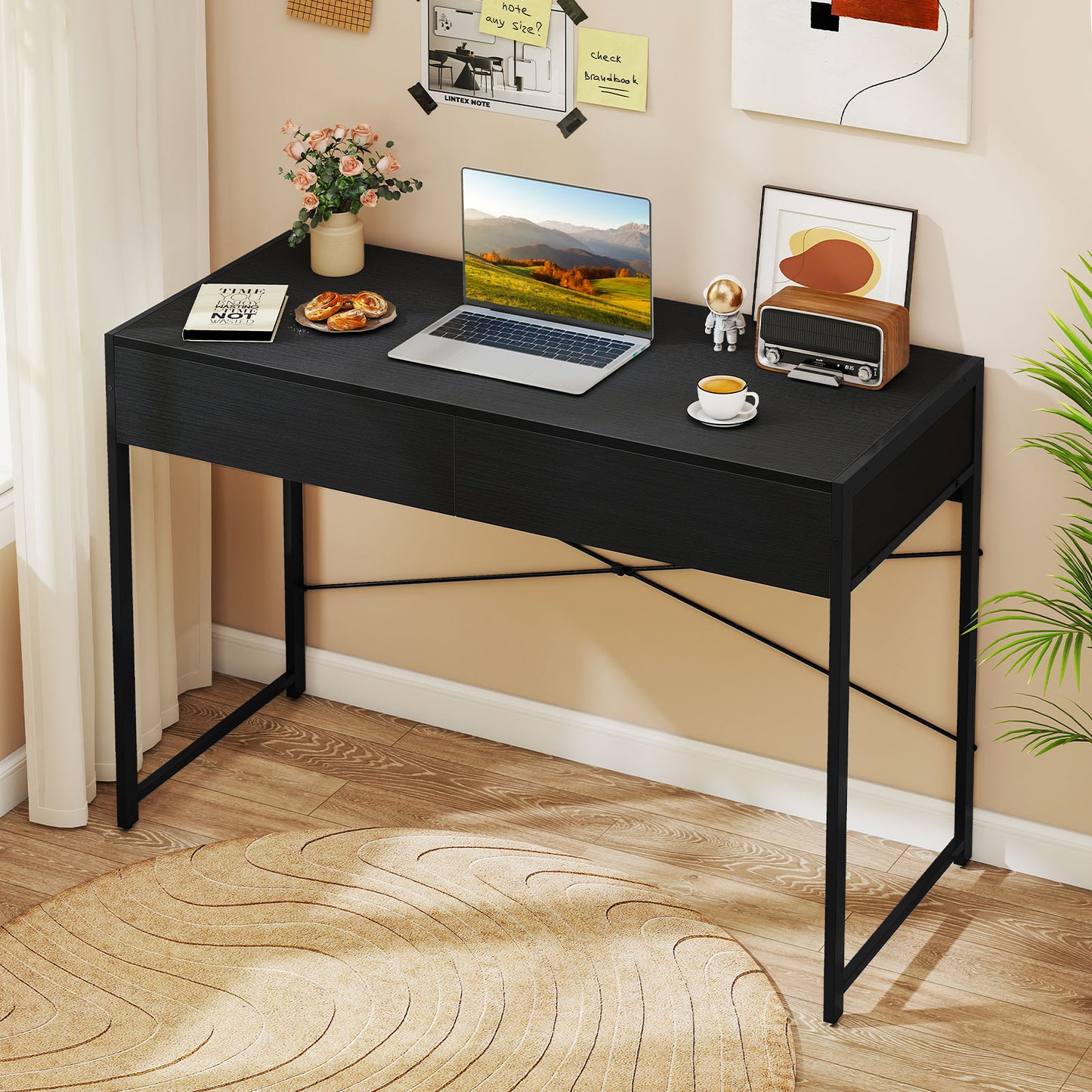 Computer Desk with 2 Drawers Vanity Table with Heavy-Duty Metal Frame-Rustic Brown