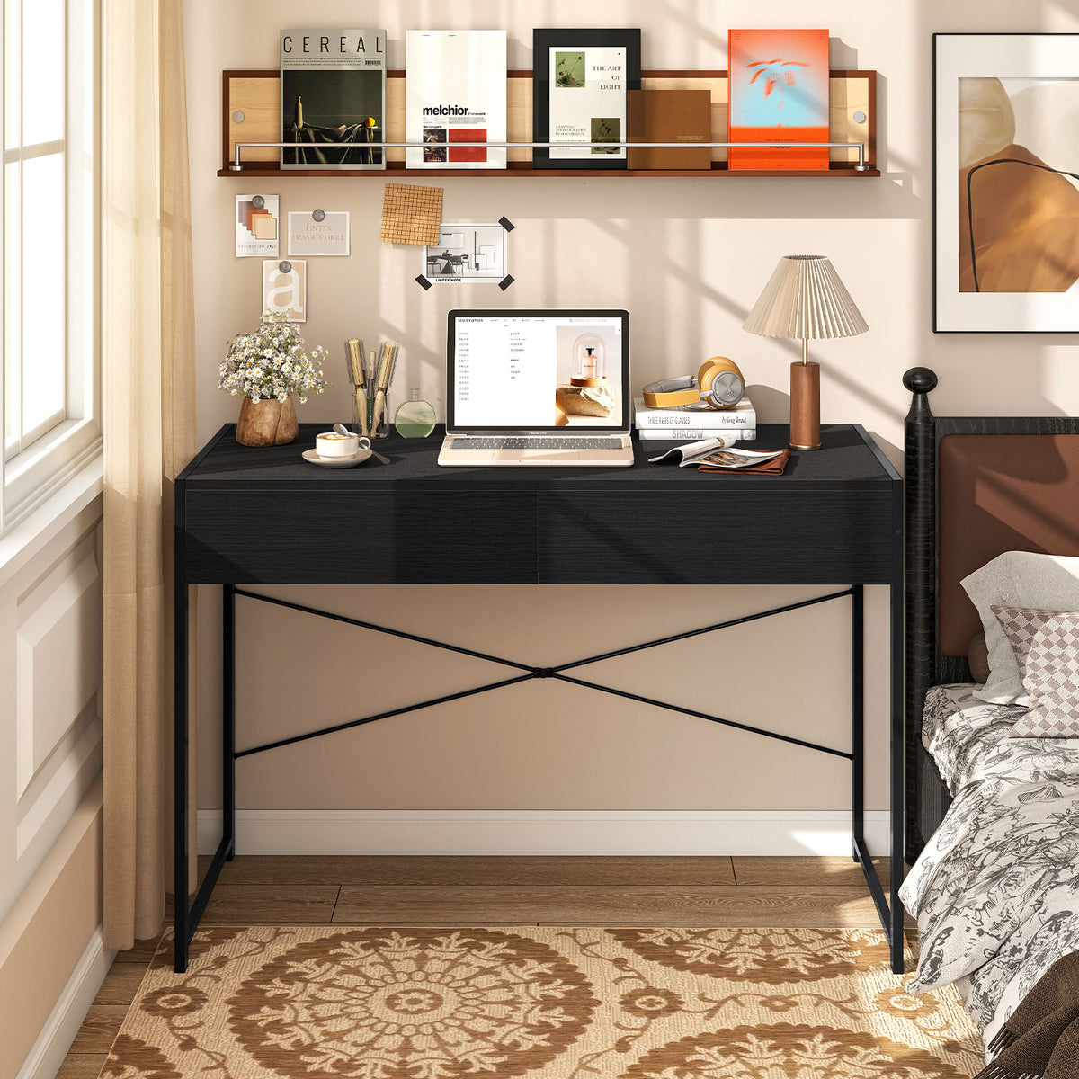 Computer Desk with 2 Drawers Vanity Table with Heavy-Duty Metal Frame-Rustic Brown