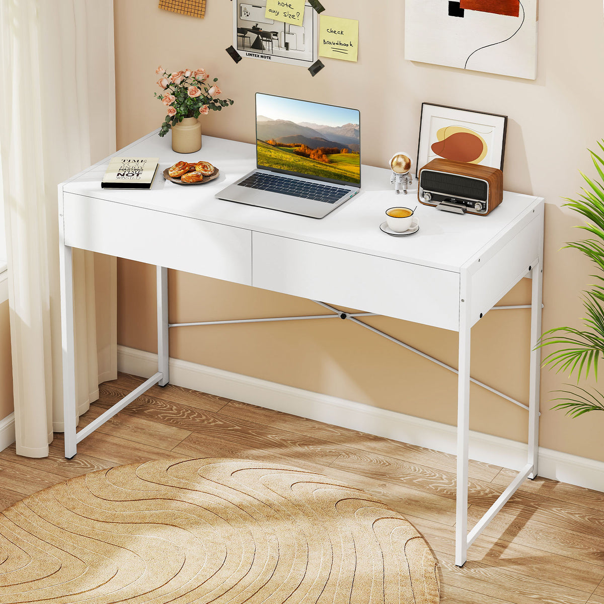 Computer Desk with 2 Drawers Vanity Table with Heavy-Duty Metal Frame-Rustic Brown