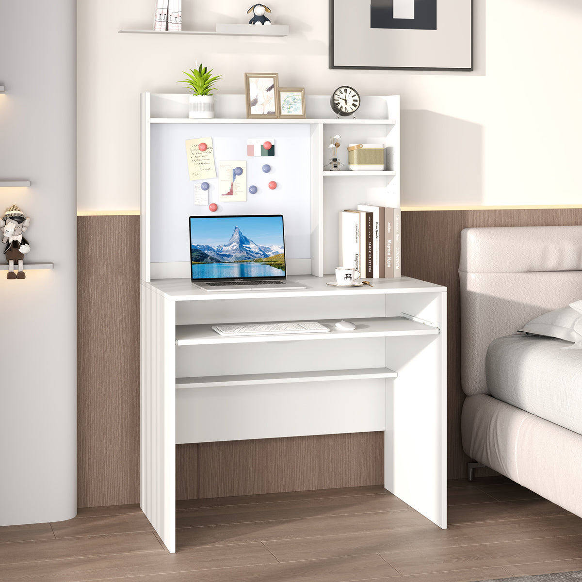 Computer Desk with Magnetic Bulletin Board and Keyboard Tray-Grey