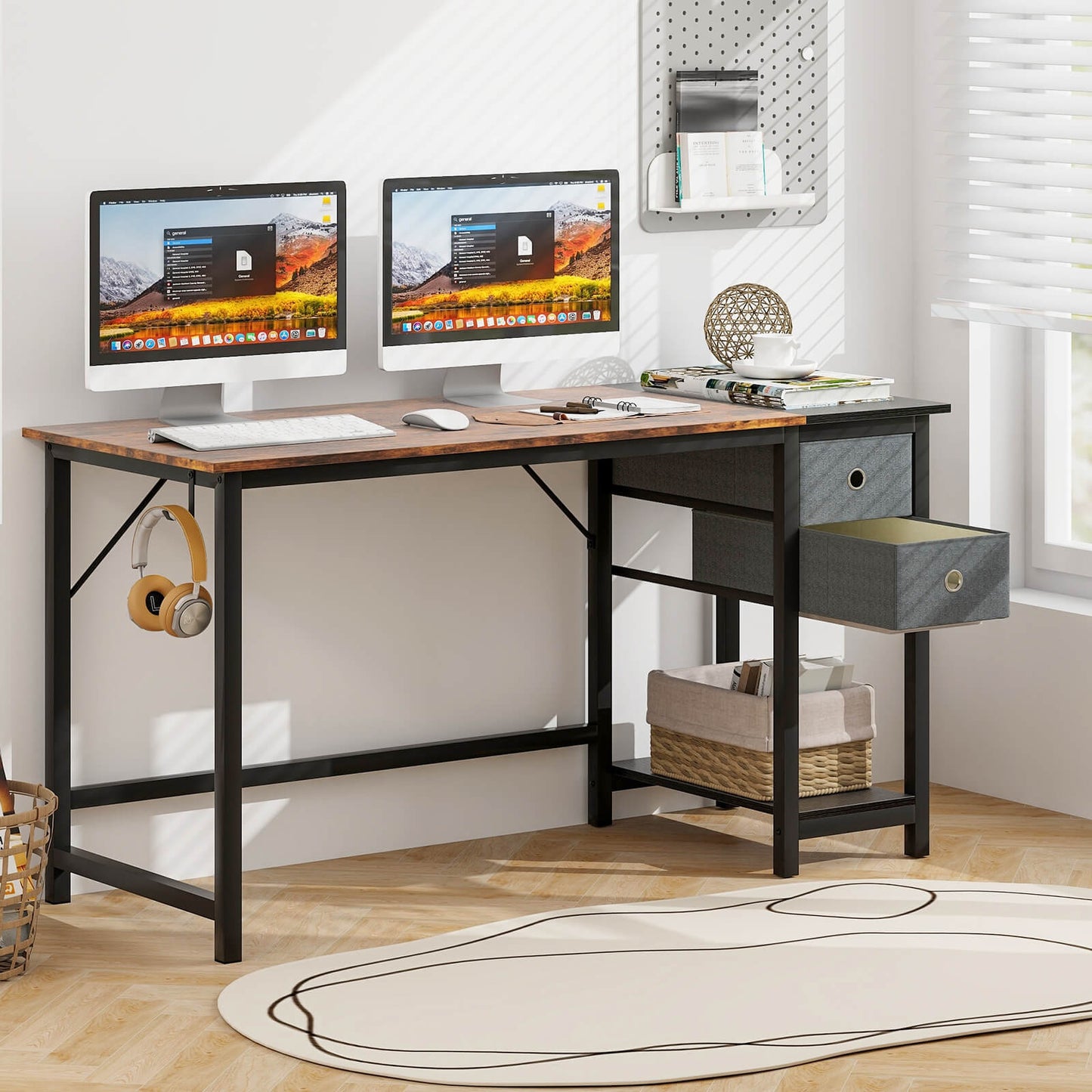 120 cm/140 cm Home Office Desk with 2 Drawers Hanging Hook-S