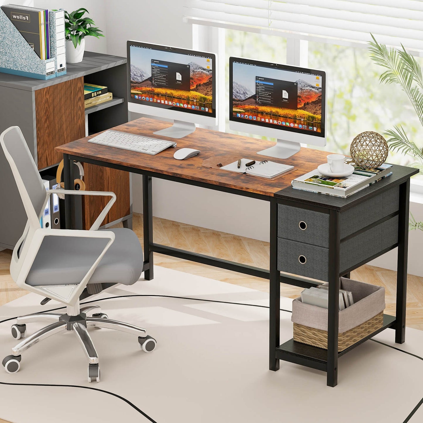 120 cm/140 cm Home Office Desk with 2 Drawers Hanging Hook-S