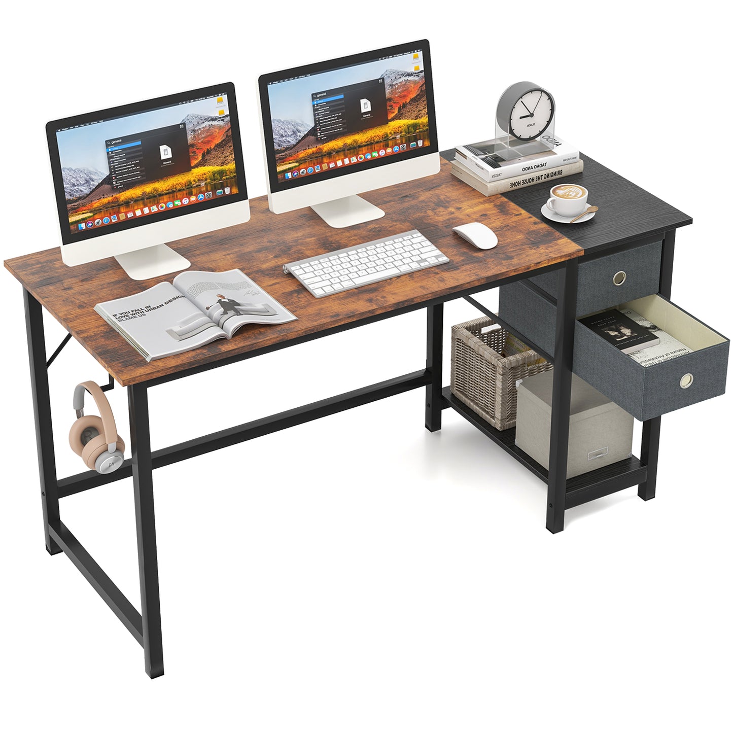 120 cm/140 cm Home Office Desk with 2 Drawers Hanging Hook-S