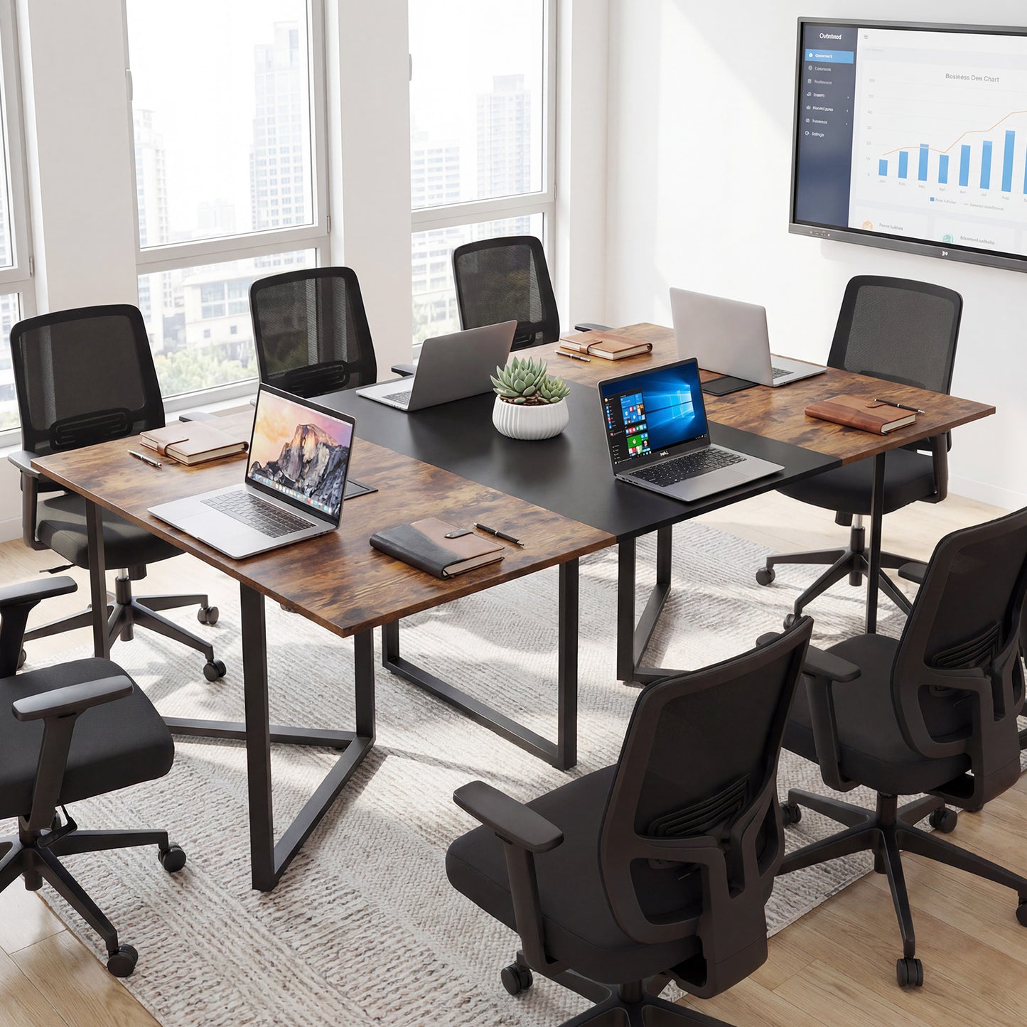180 CM Conference Table with 2 Cable Grommets for Meeting Room Office-Rustic Brown