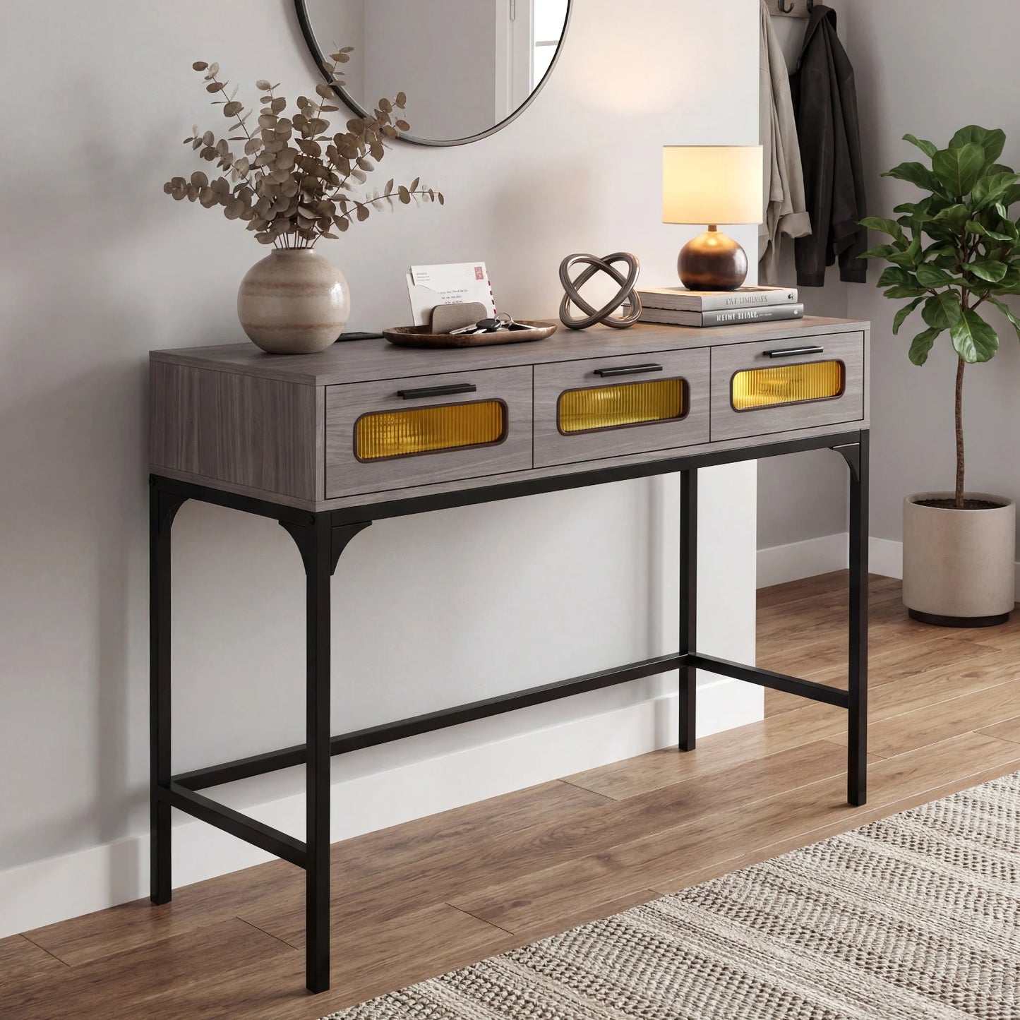 Console Table with Charging Station with Drawers and LED Lights-Natural