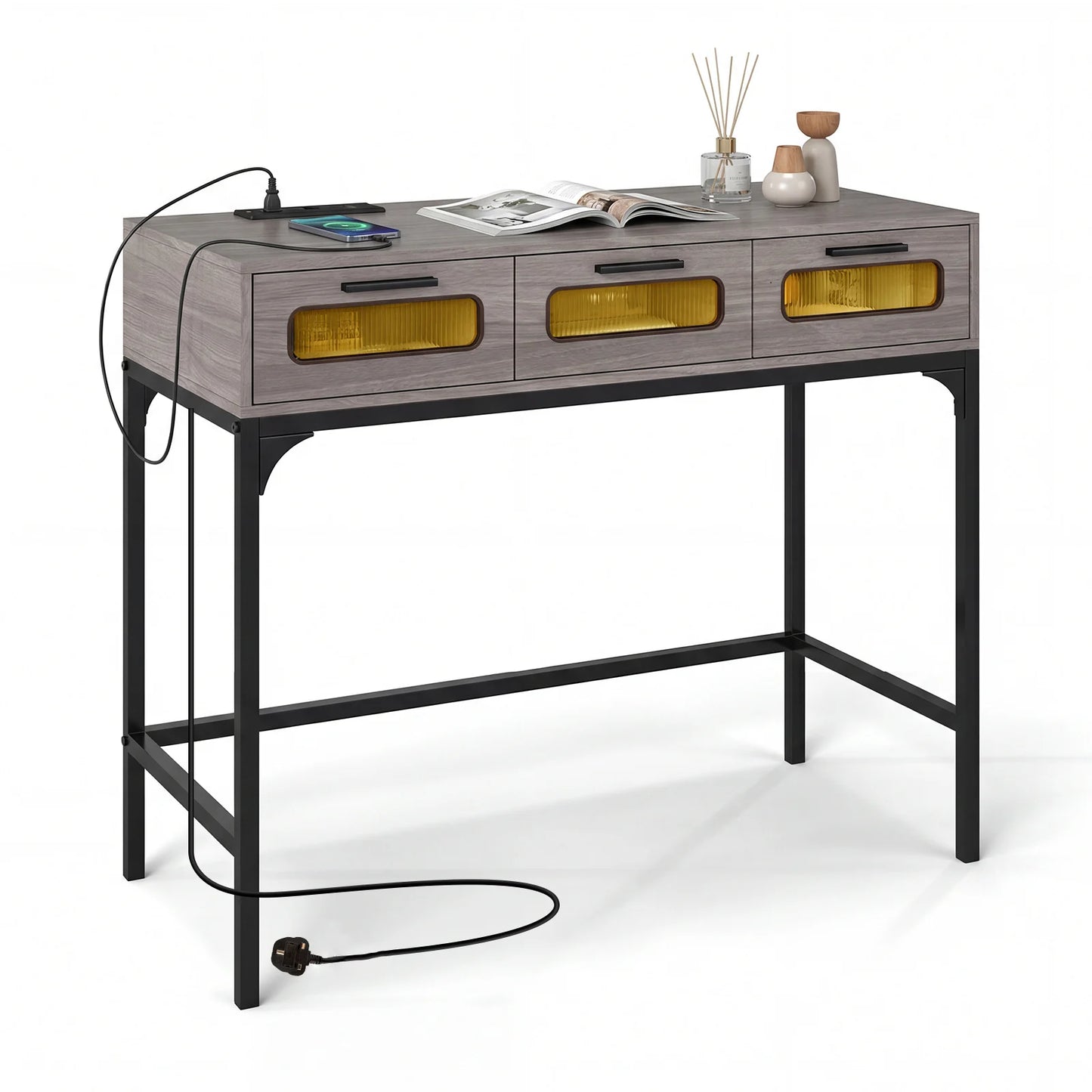 Console Table with Charging Station with Drawers and LED Lights-Natural