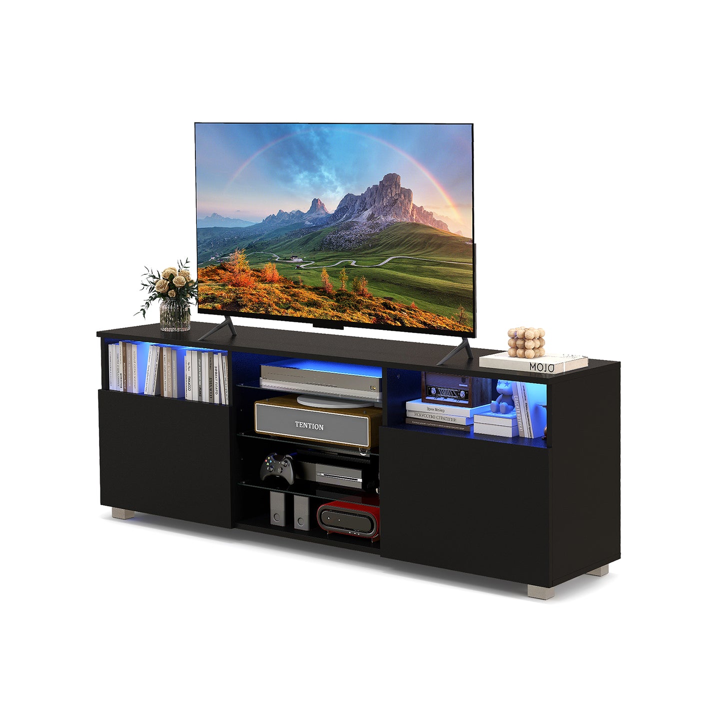 Console TV Stand for TVs up to 65 Inches with LED Lights and 2 Doors-Black