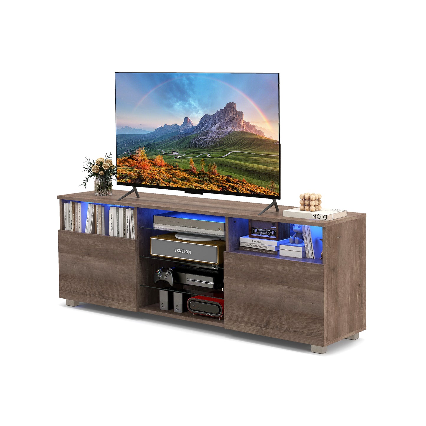 Console TV Stand for TVs up to 65 Inches with LED Lights and 2 Doors-Black