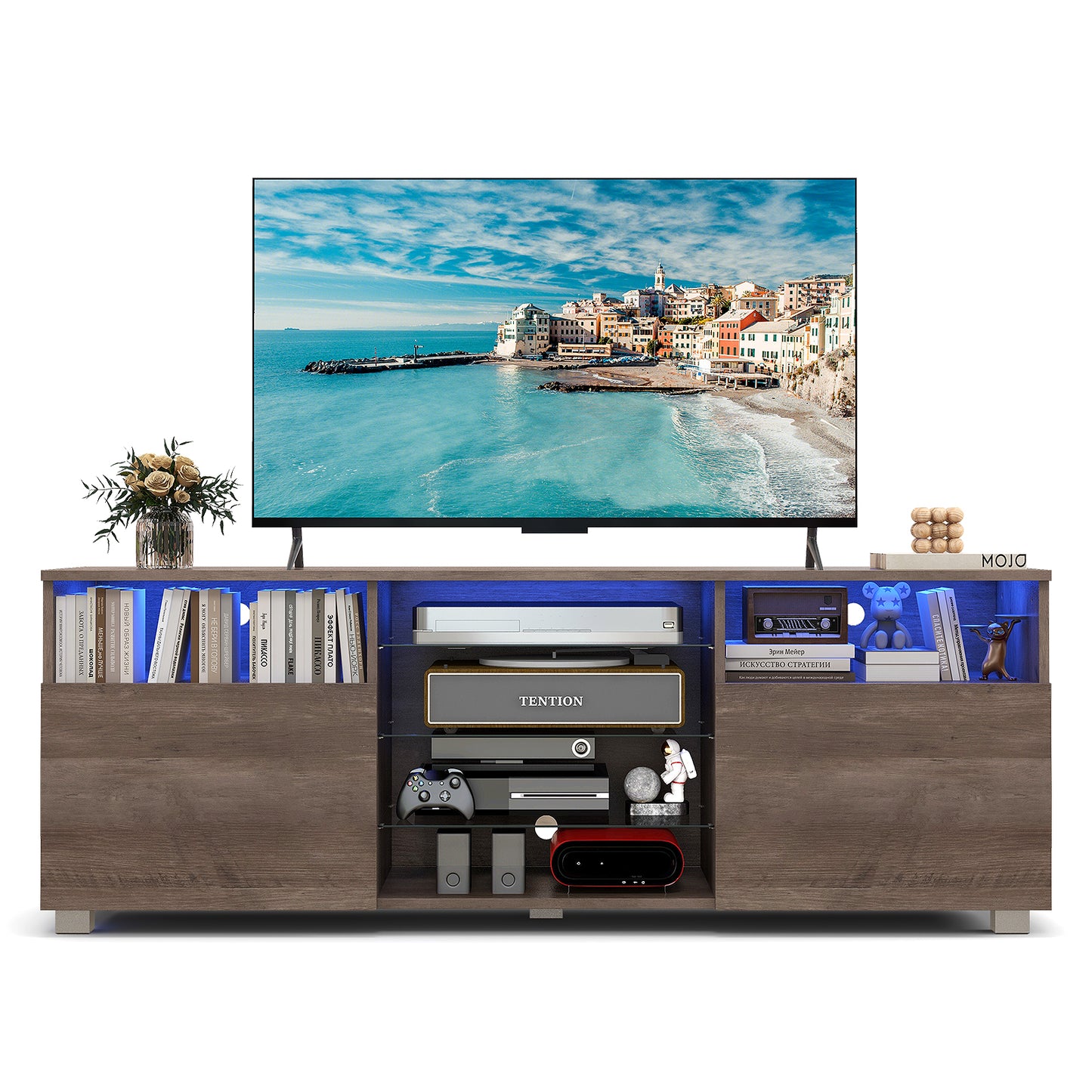 Console TV Stand for TVs up to 65 Inches with LED Lights and 2 Doors-Black